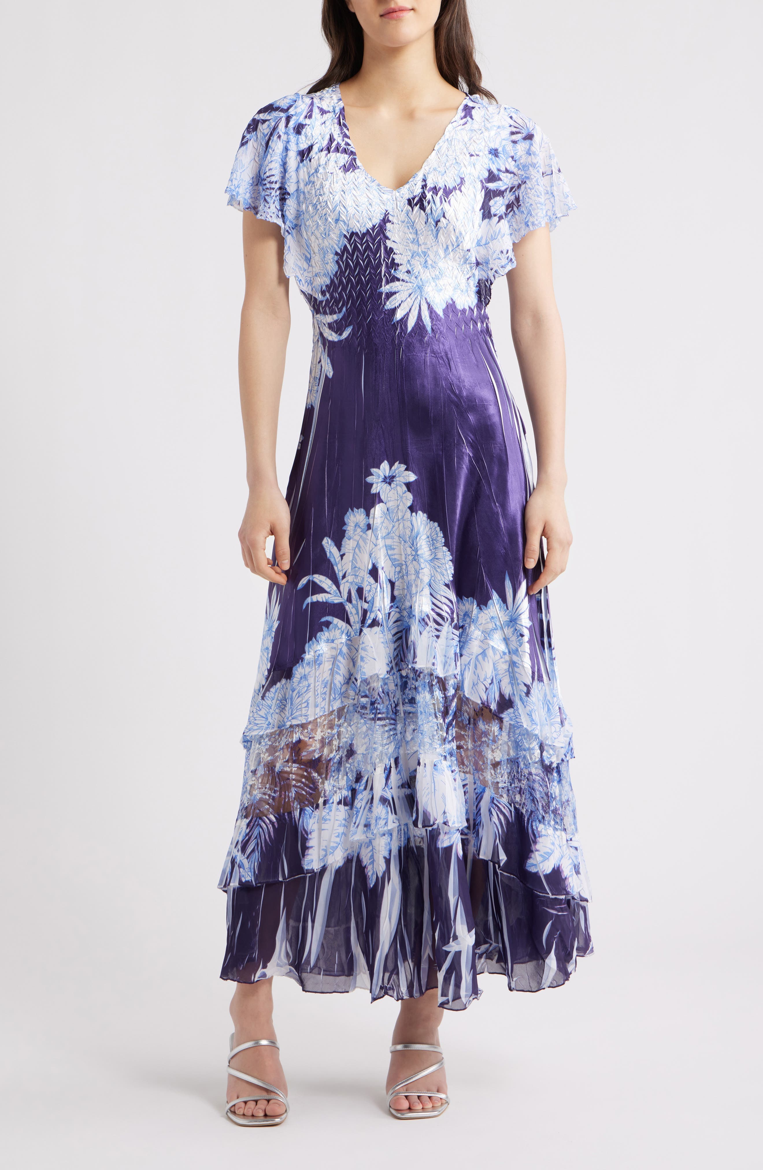 Flutter Sleeve Charmeuse & Chiffon Maxi Cocktail Dress - image 1
