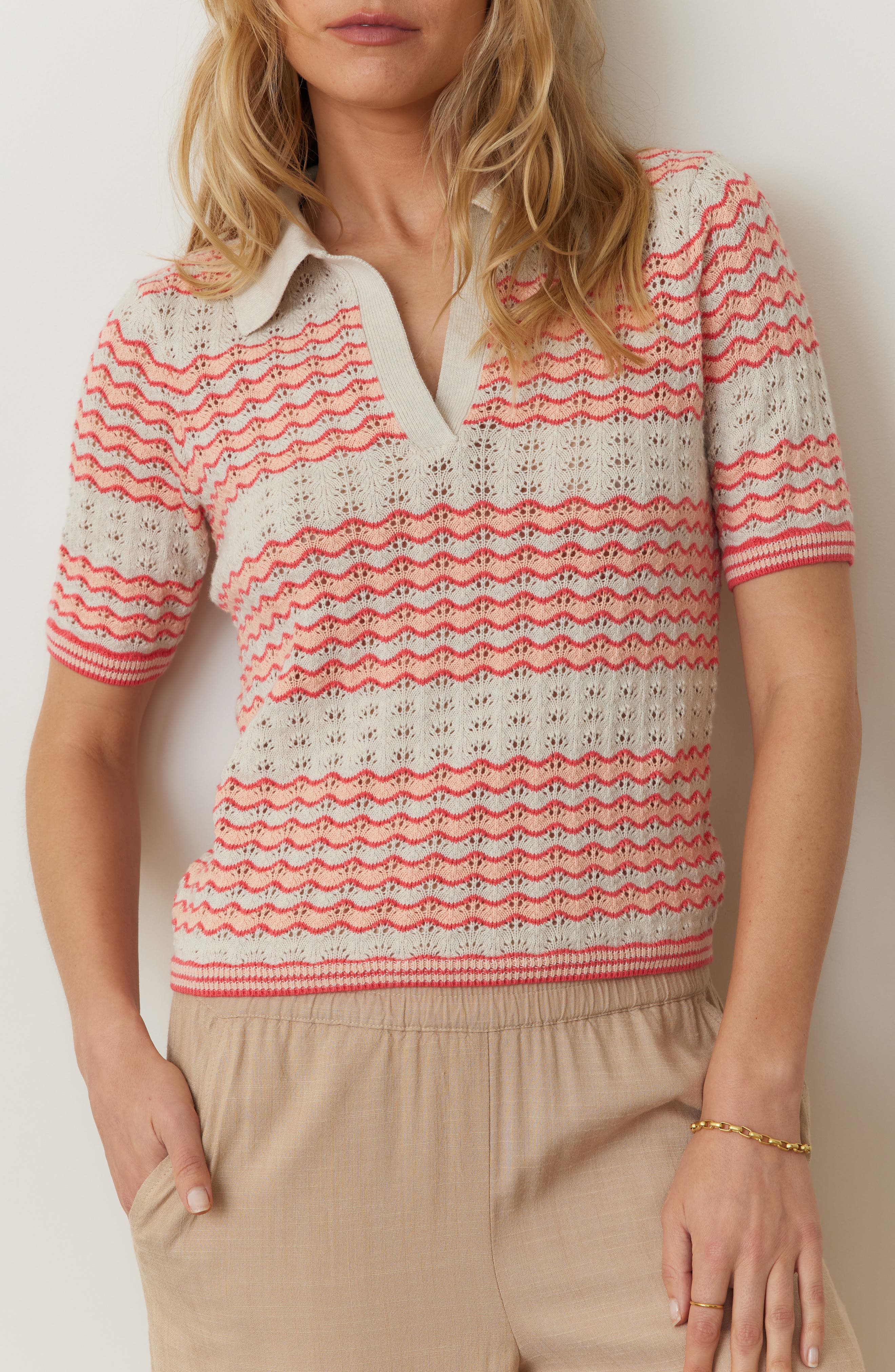 Spencer Open Stitch Short Sleeve Polo Sweater - image 1