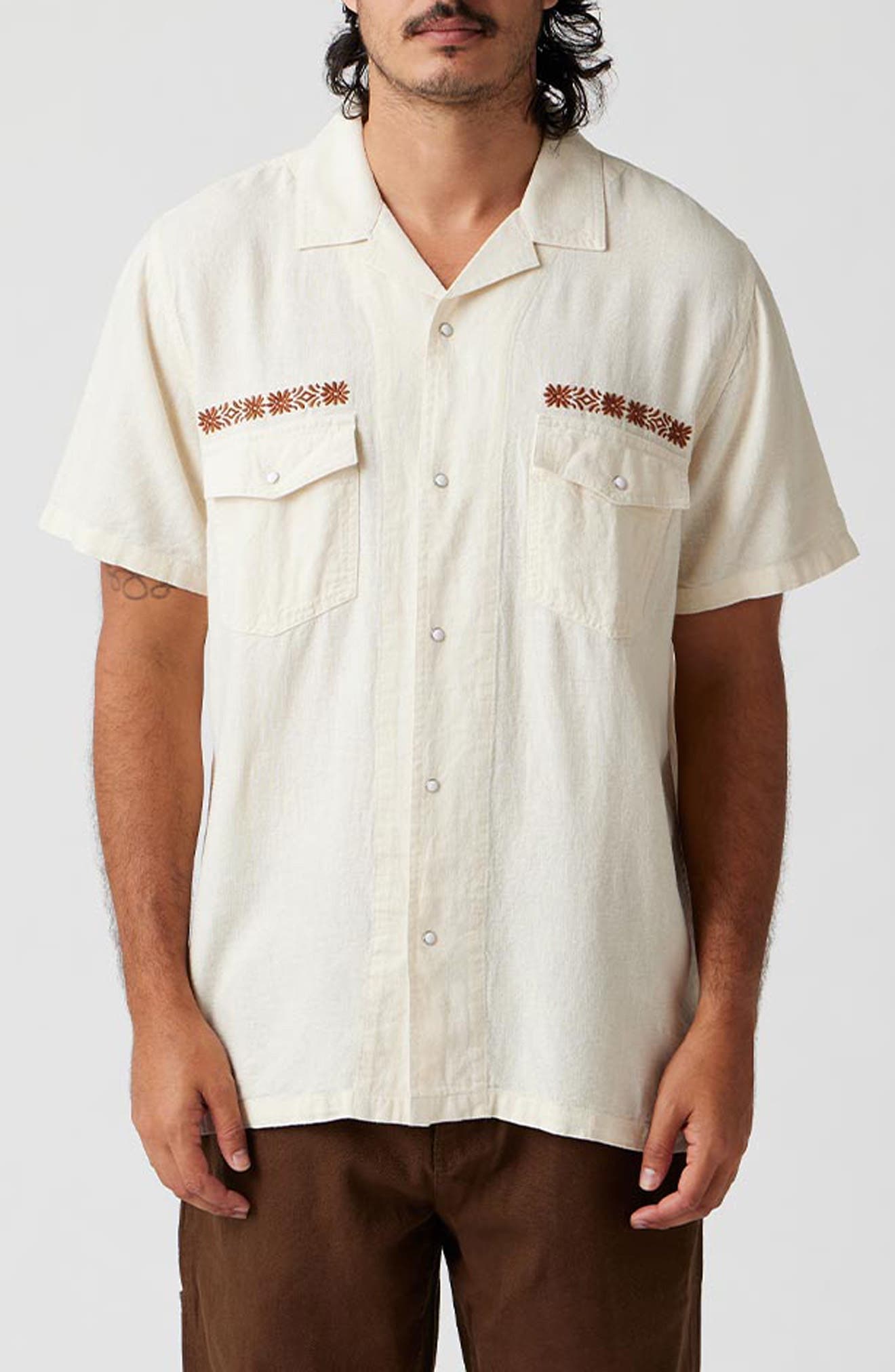 Whippersnapper Embroidered Short Sleeve Linen Blend Snap-Up Shirt - image 1