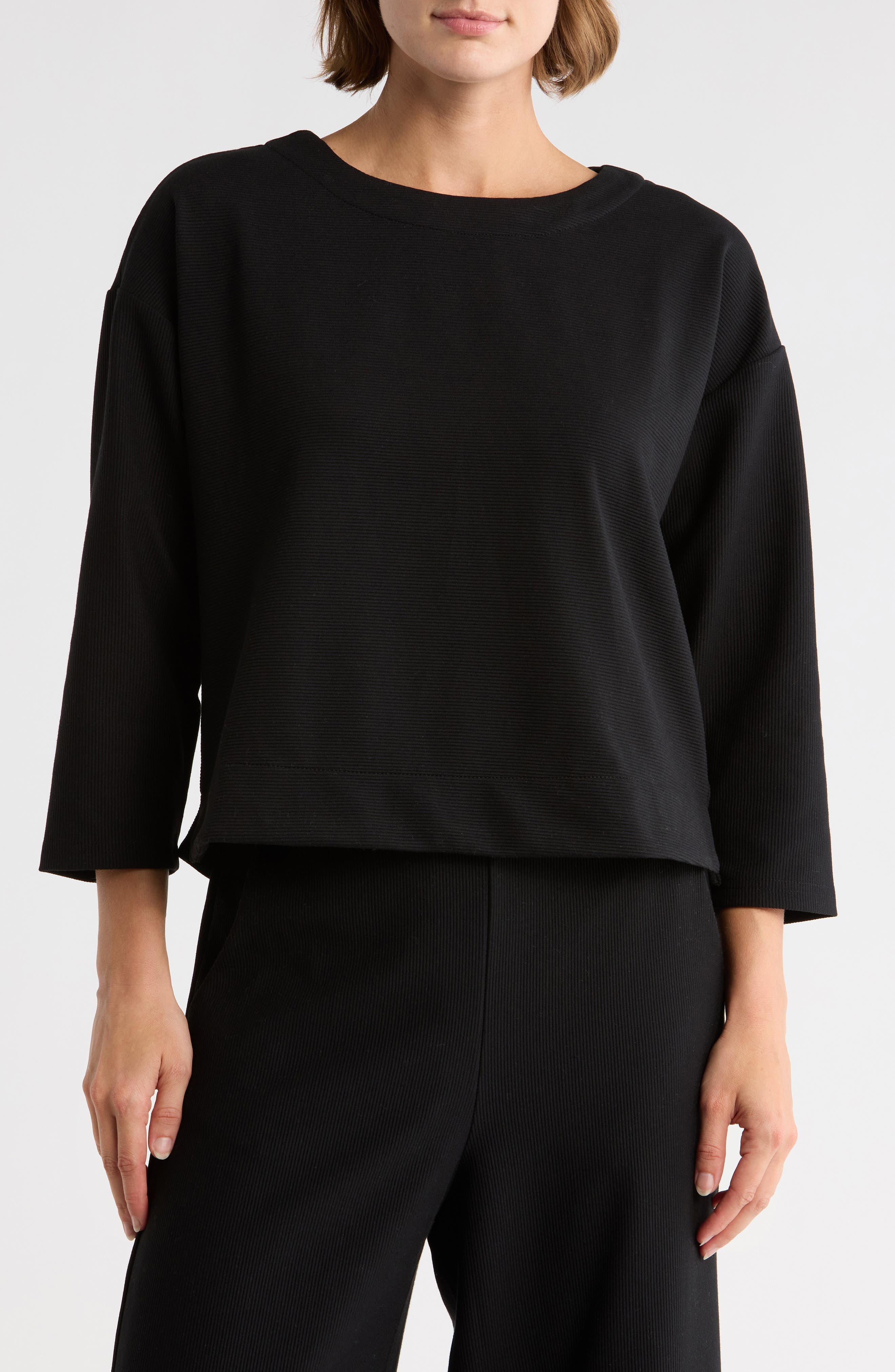 Three-Quarter Sleeve Drop Shoulder Rib Knit Top - image 1