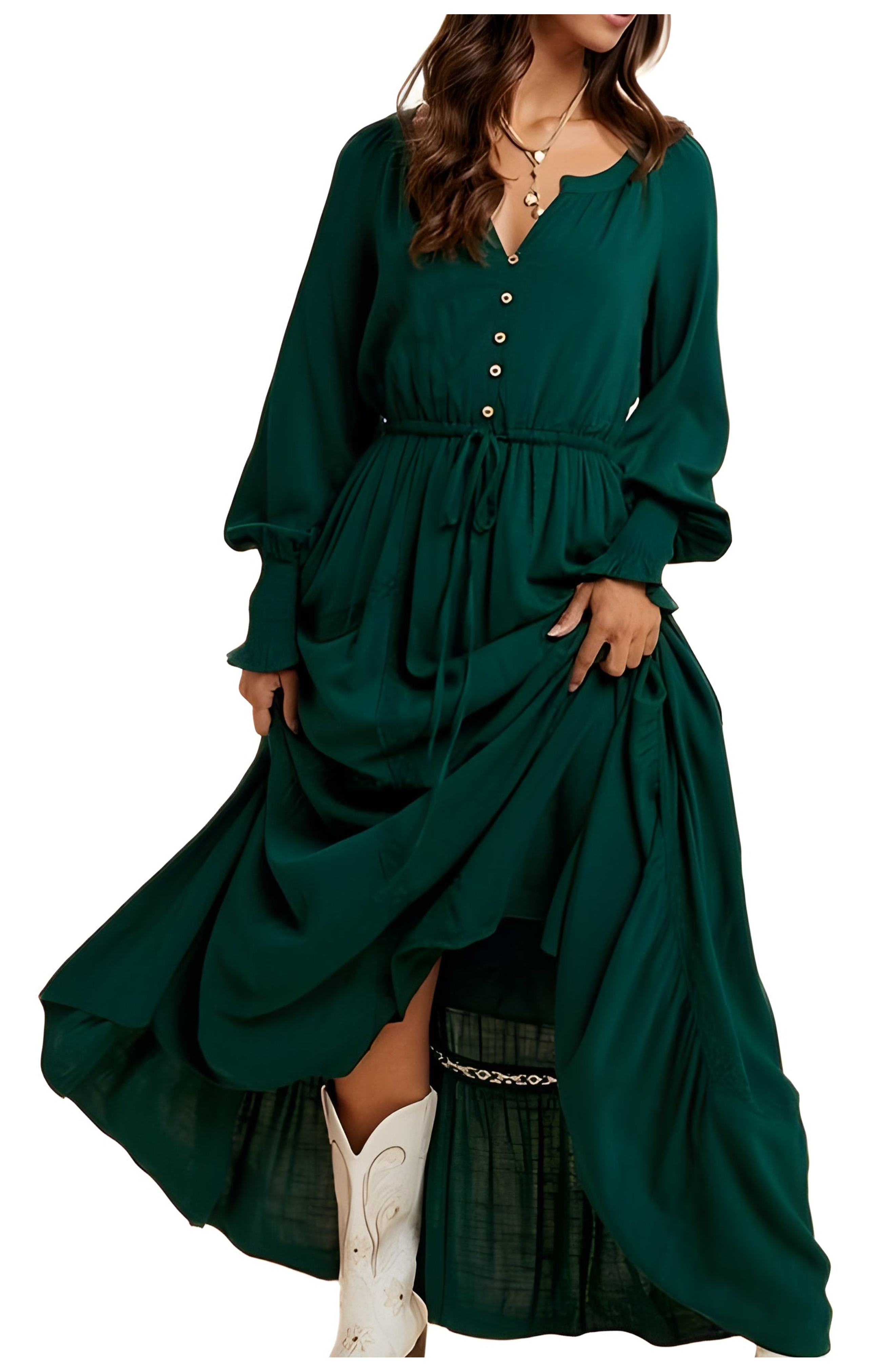 Long Sleeve Front Button Waist Tie Maxi Dress - image 1