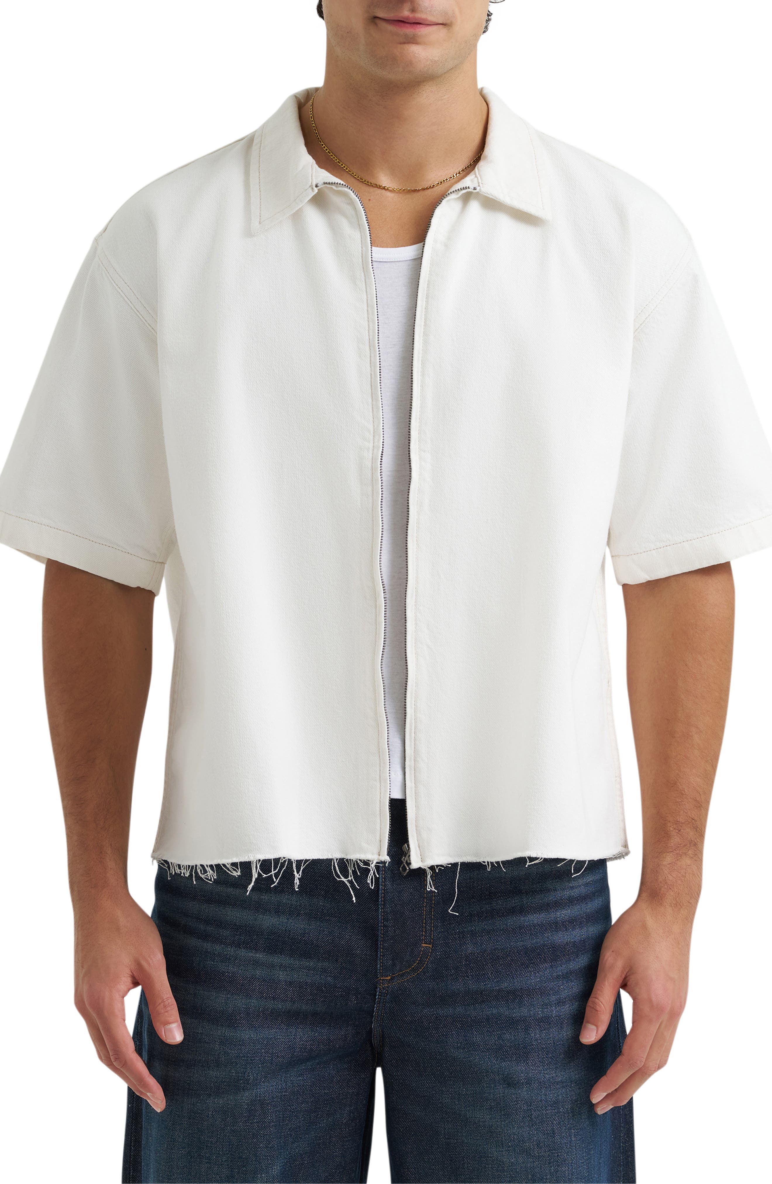 Denim Short Sleeve Zip-Up Shirt - image 1