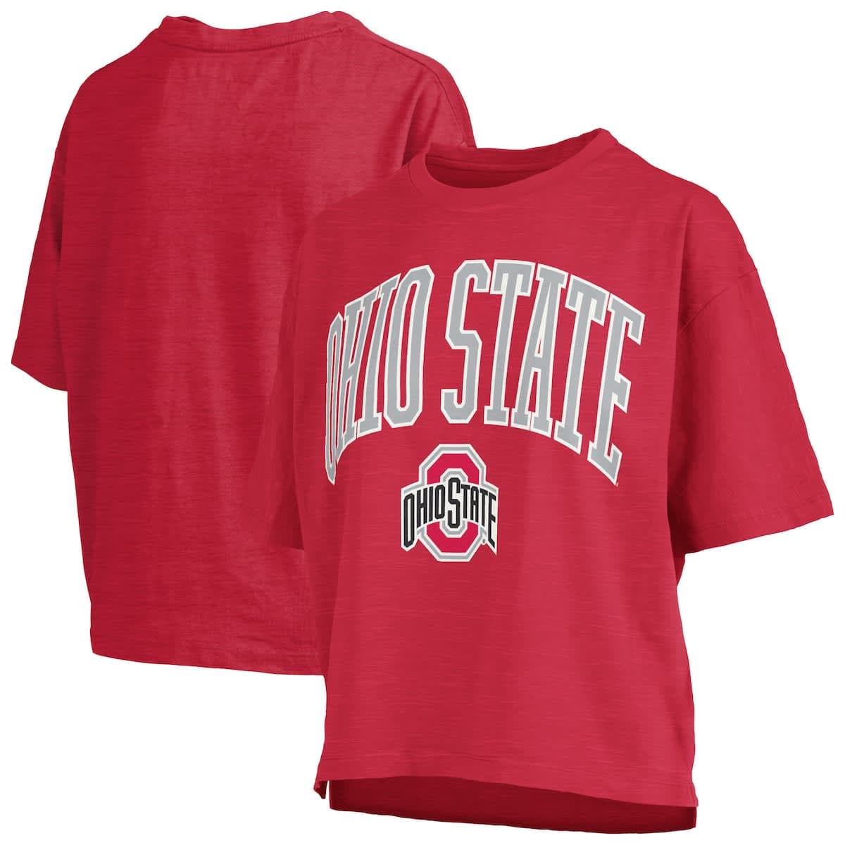 Women's Pressbox Scarlet Ohio State Buckeyes Nelson Arch Over Logo Waist Length Oversized Slub T-Shirt - image 1