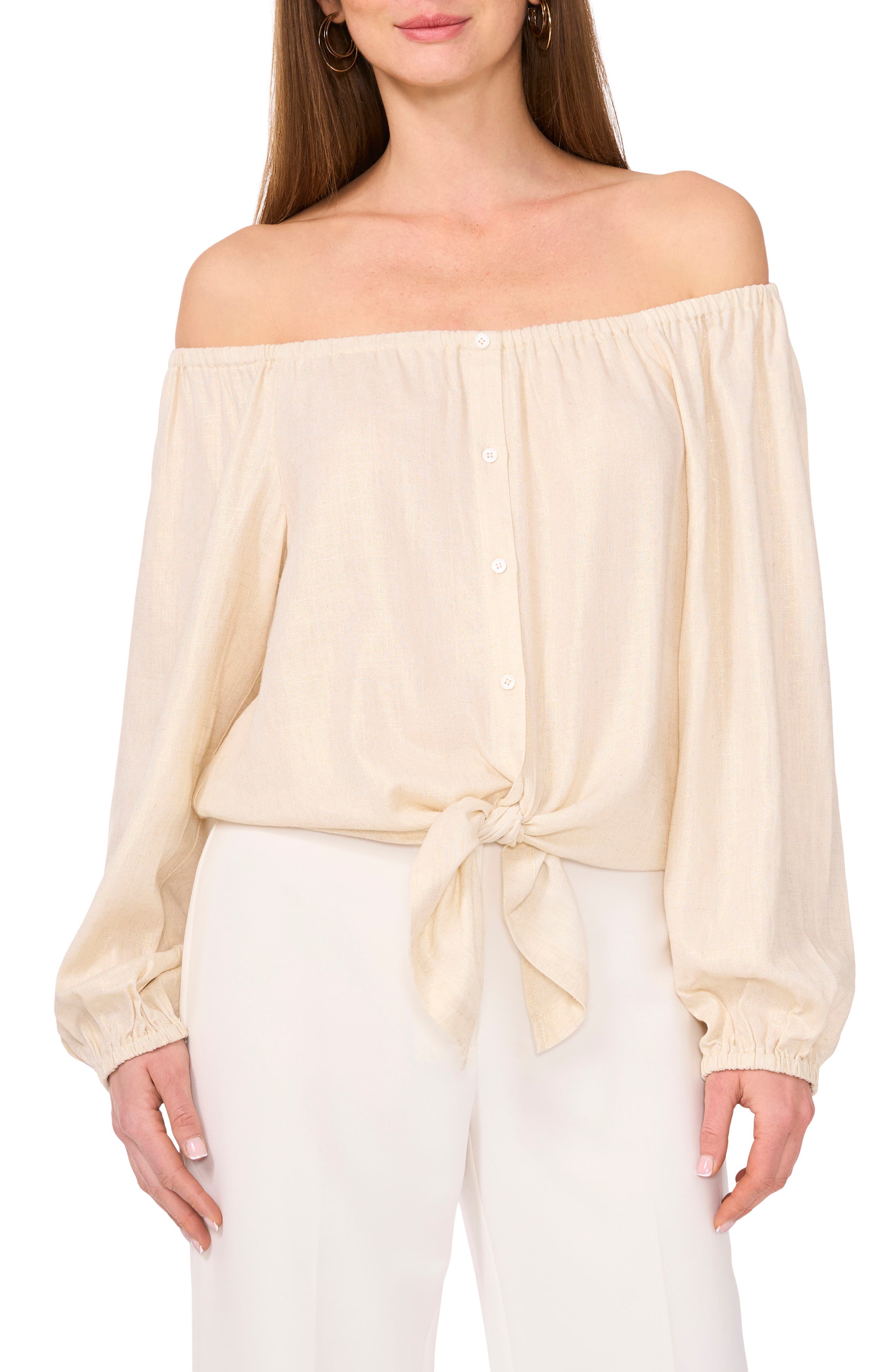 Off the Shoulder Tie Hem Button-Up Top - image 1