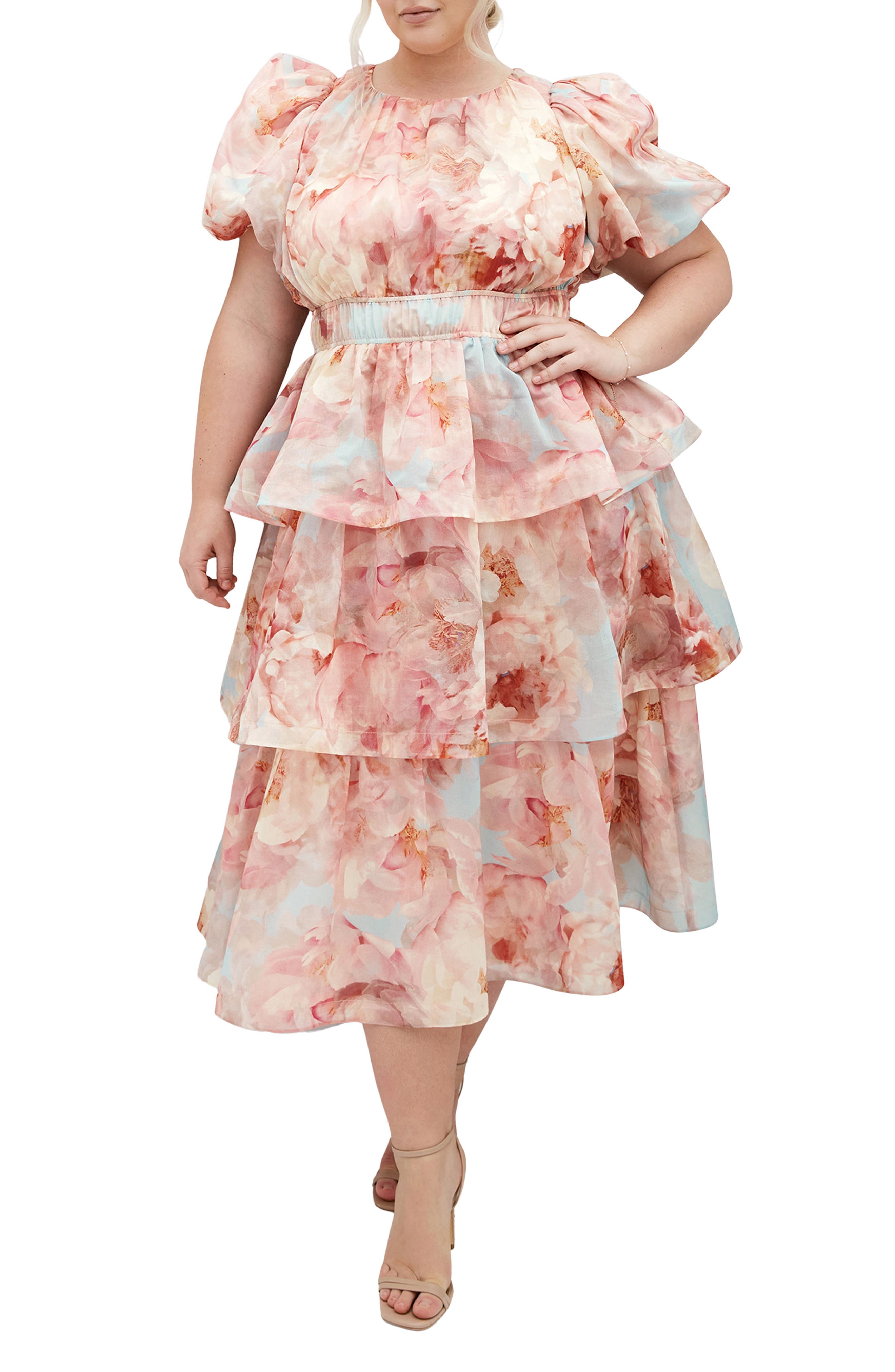 Heavenly Floral Puff Sleeve Tiered Midi Dress - image 1