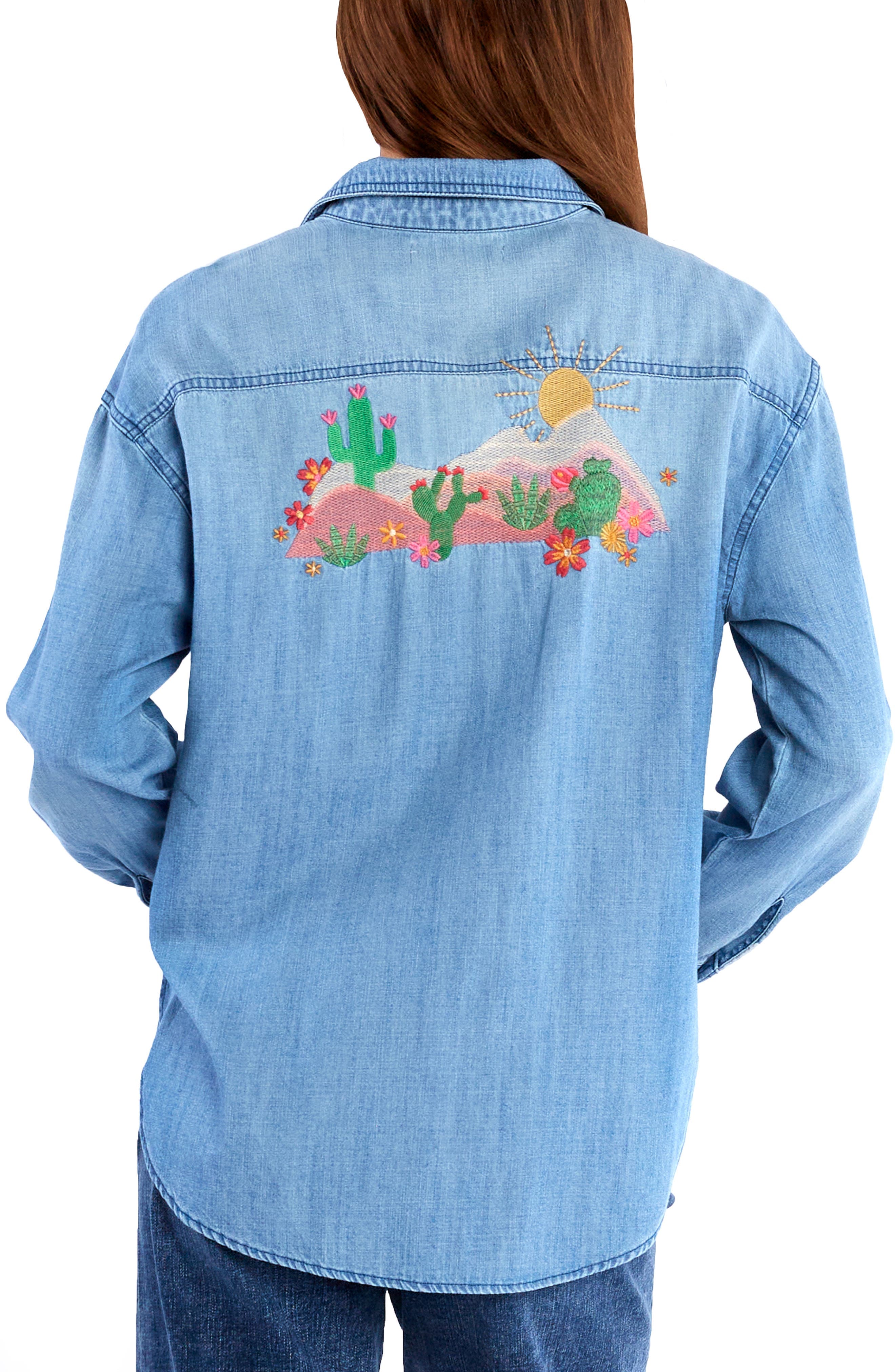 Wild Cactus Embrodiered Denim Button-Up Shirt - image 2