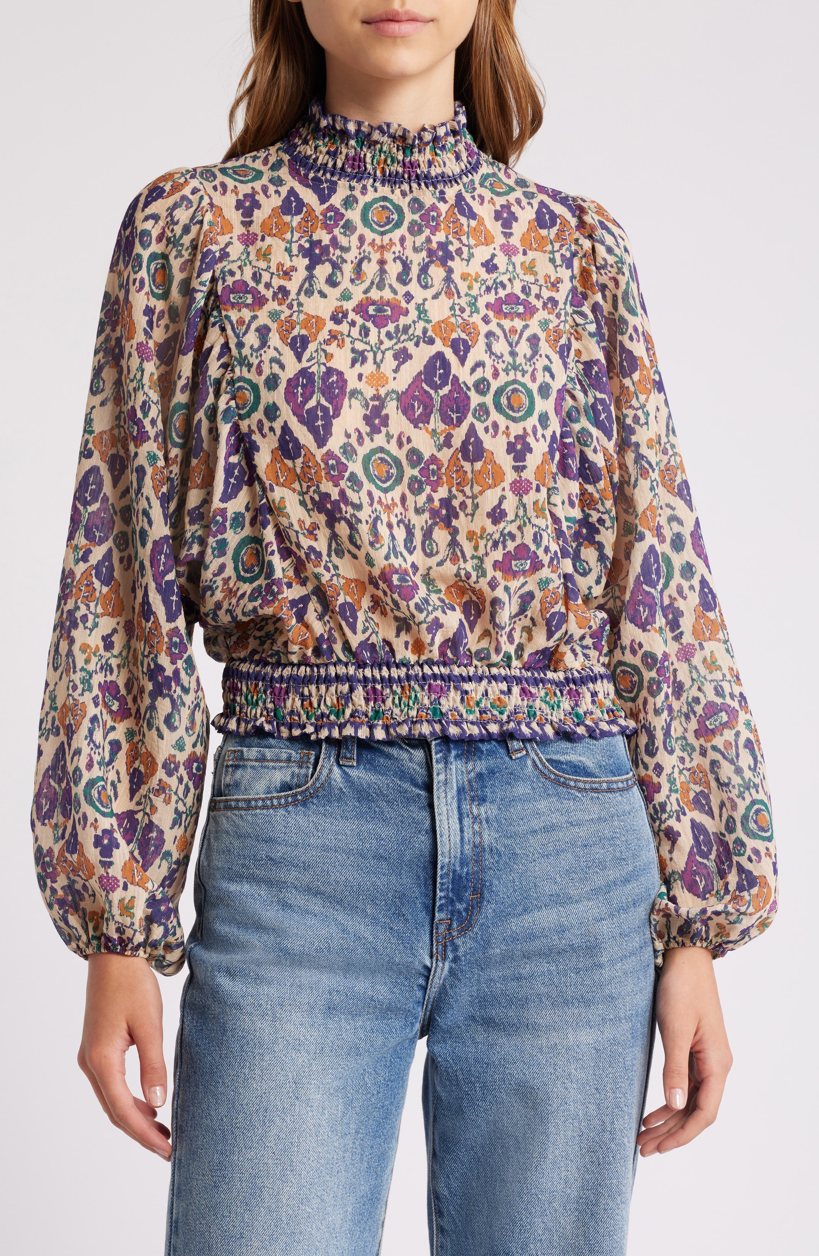 Duchess Ikat Print Smocked Waist Blouson Top - image 1