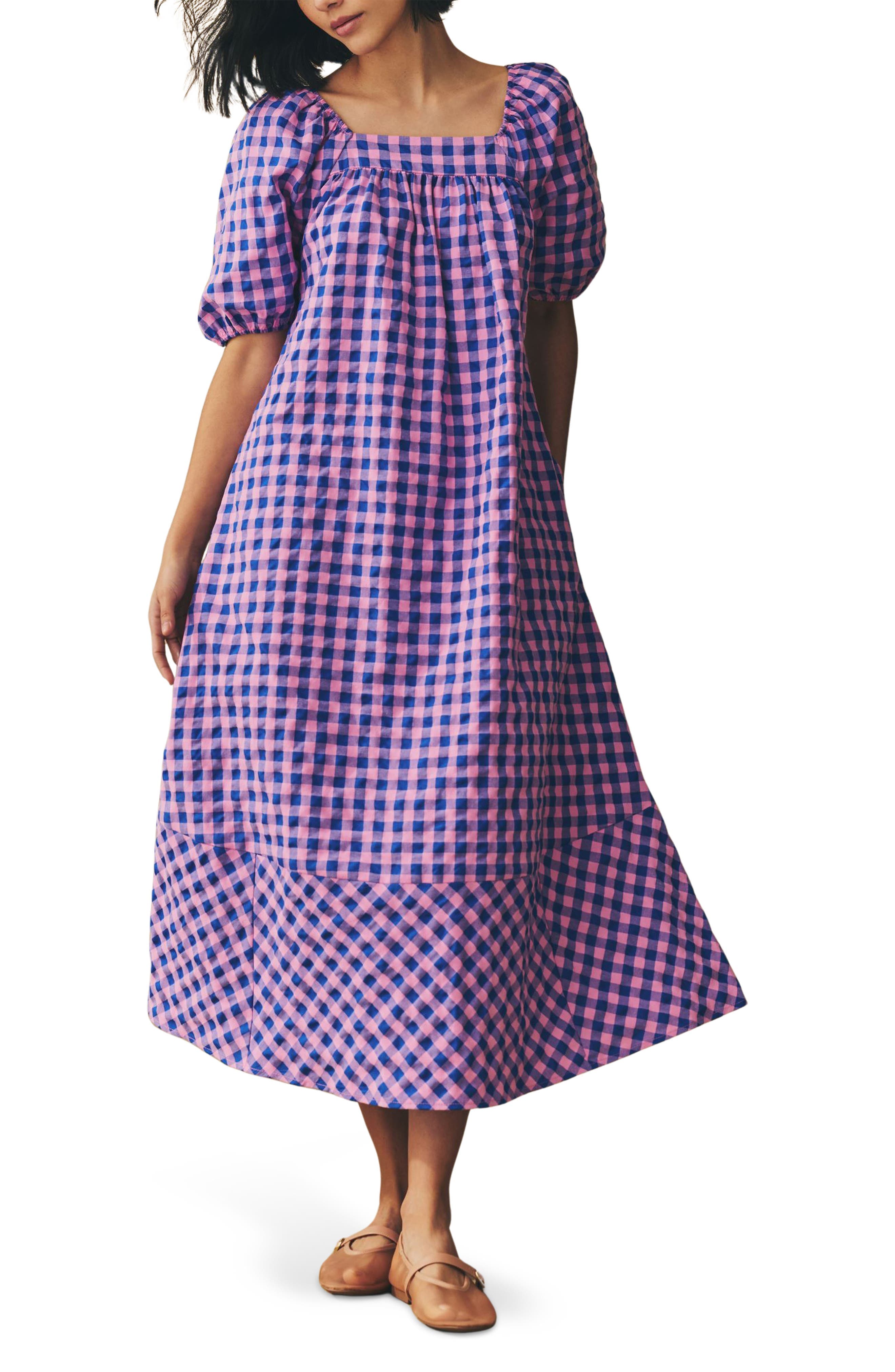 Gingham Puff Sleeve Seersucker Dress - image 1