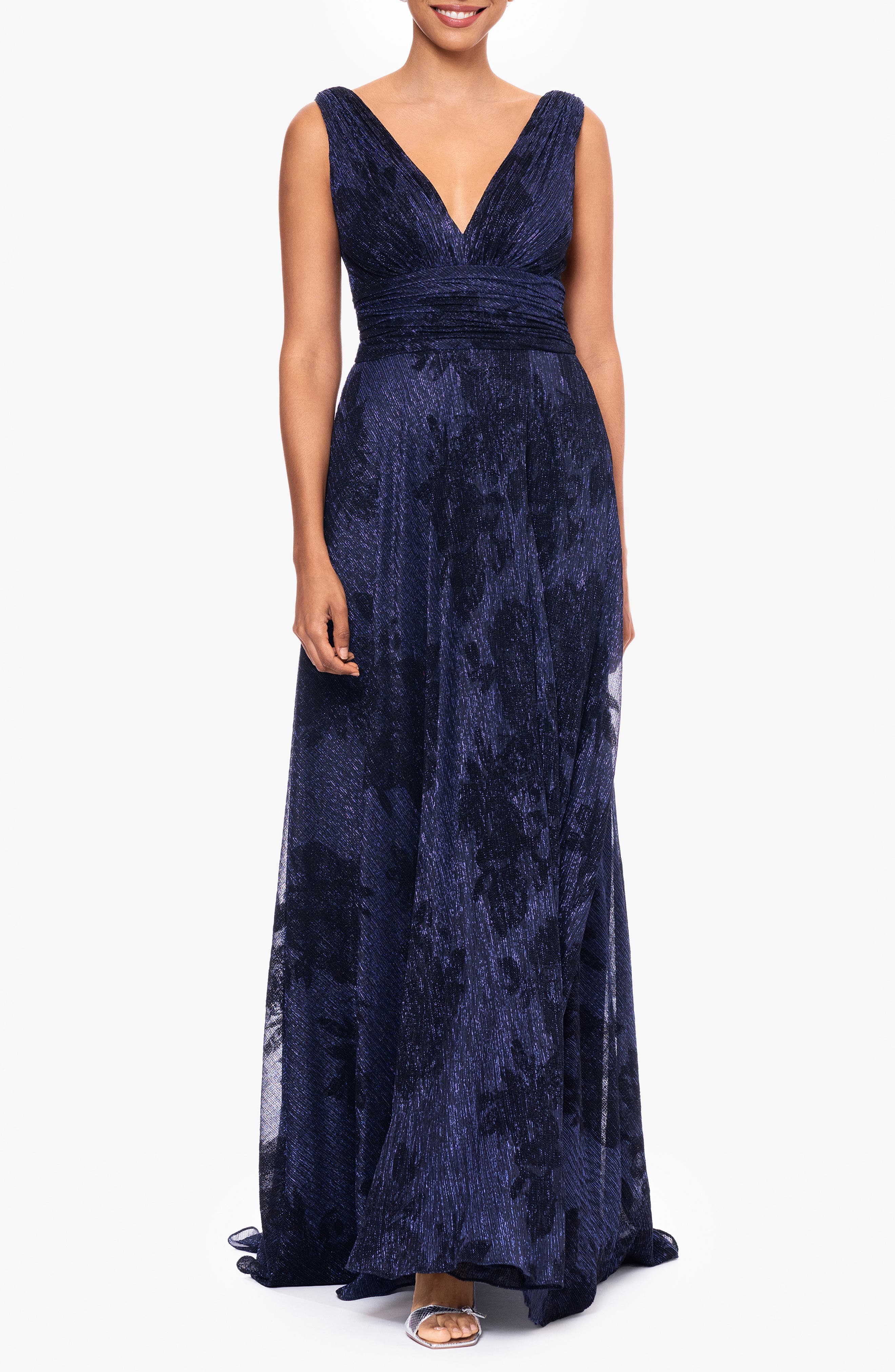 Flock Floral Metallic Crinkle Gown - image 1