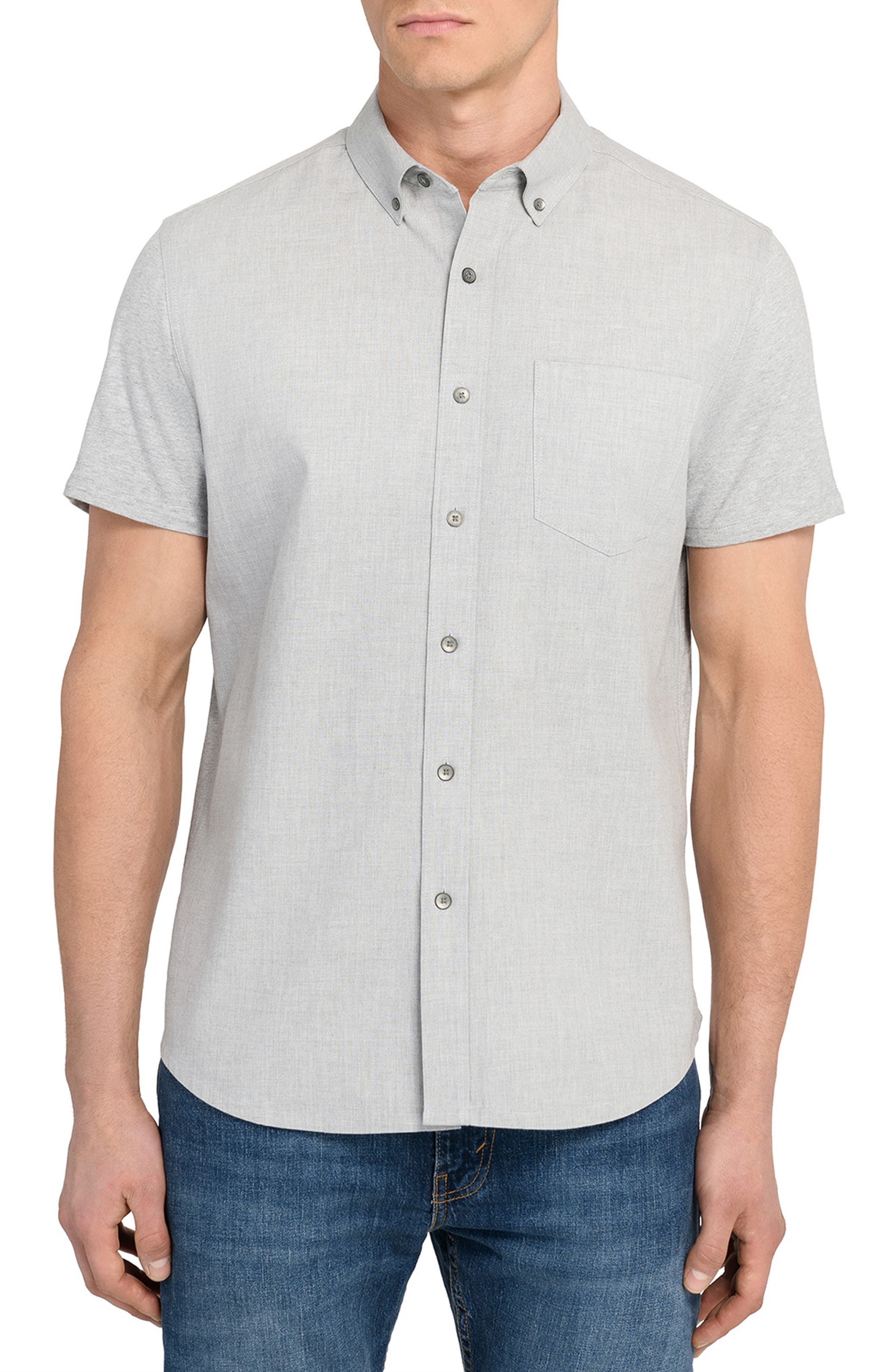 Reworked Slim Fit Solid Short Sleeve Cotton Button-Down Shirt - image 1