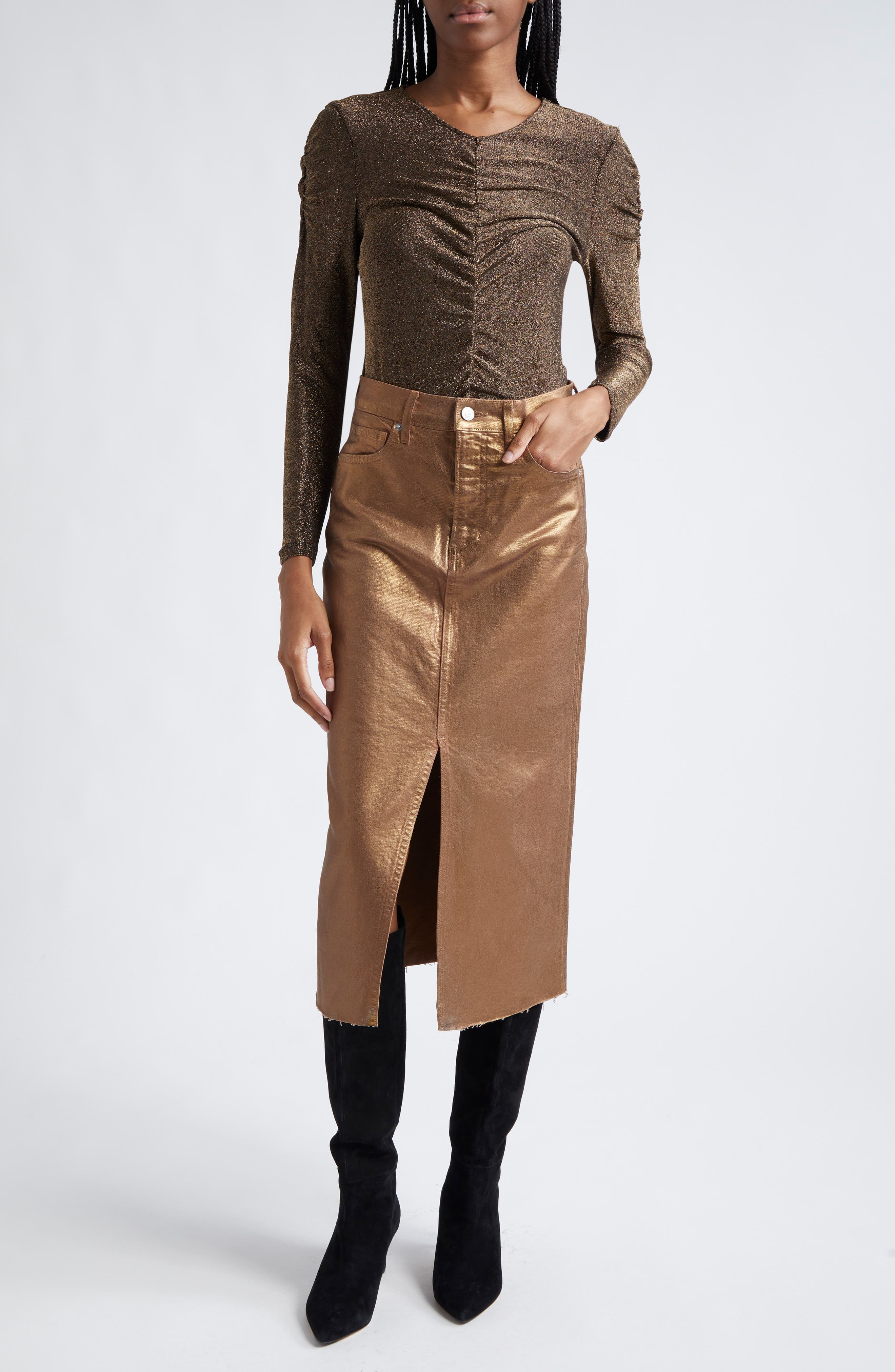 Victoria Front Slit Metallic Midi Skirt - image 2