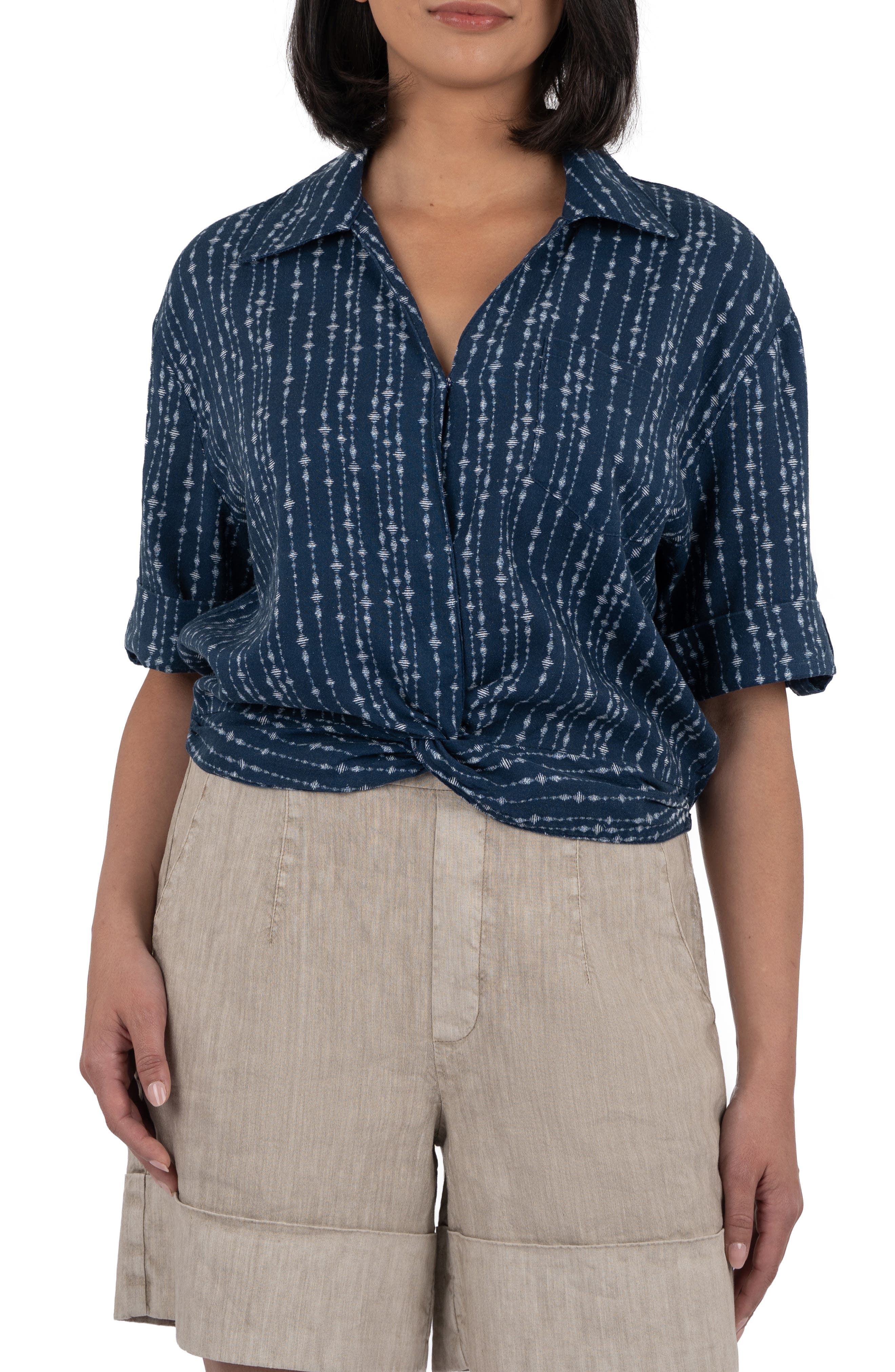 Rebel Printed Knot Front Linen Blend Top - image 1