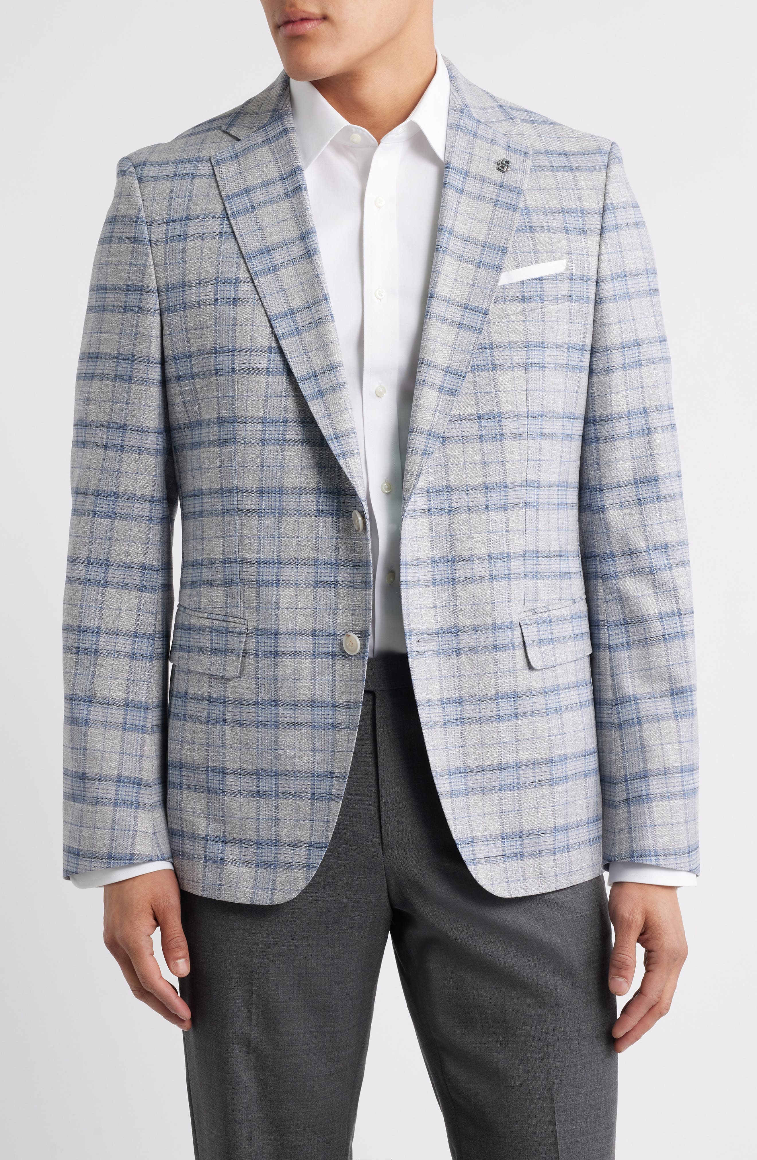 Hutson Slim Fit Slub Grey & Blue Plaid Sport Coat - image 1