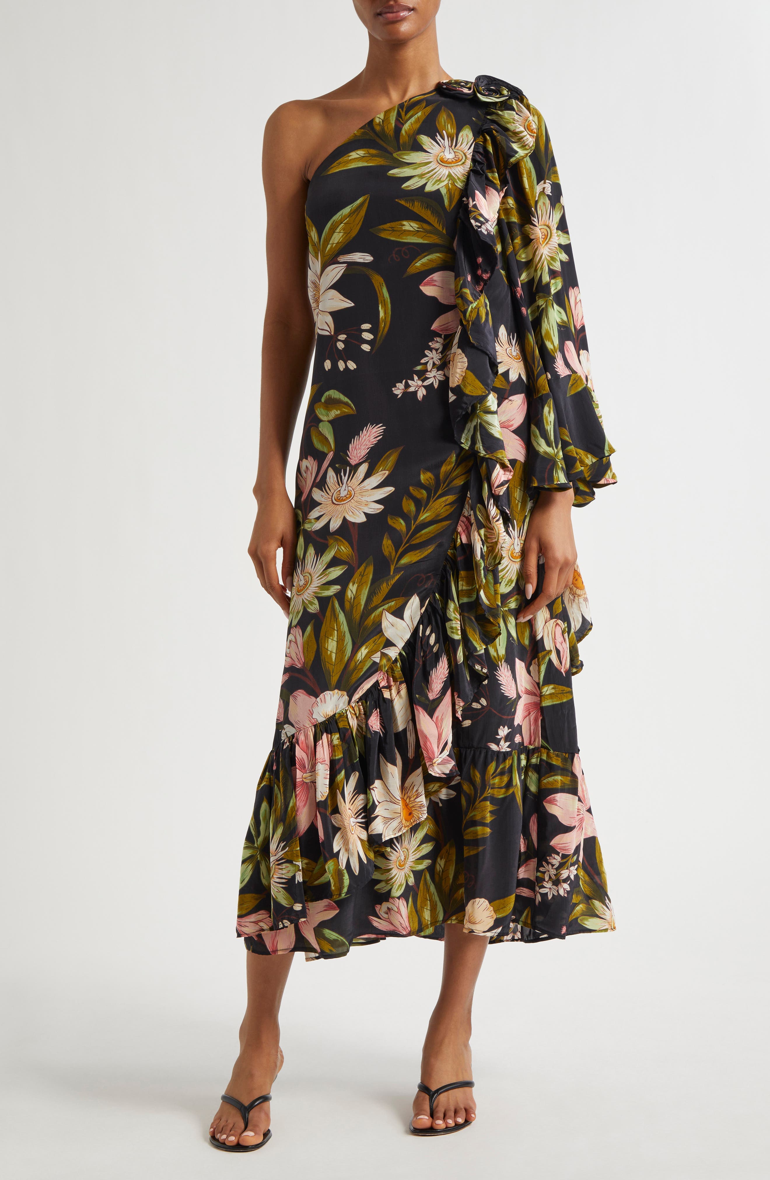Surreal Flowers One-Shoulder Crepe de Chine Midi Dress - image 1