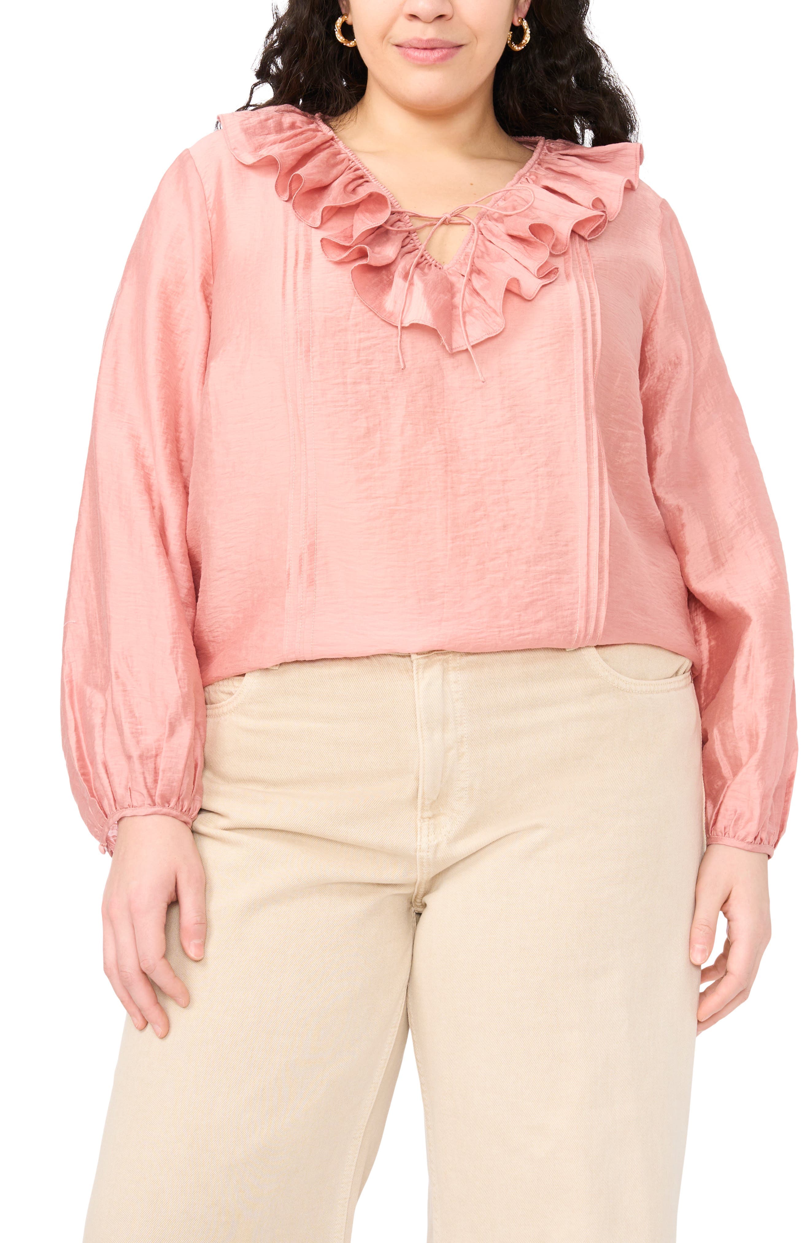 Ruffle Neck Pintuck Crinkle Satin Top - image 1