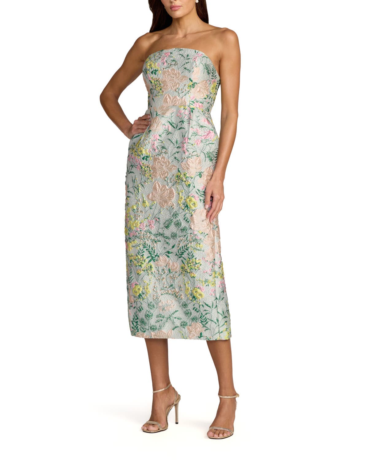 Multicolor Strapless Brocade Midi Dress With Pockets - image 1