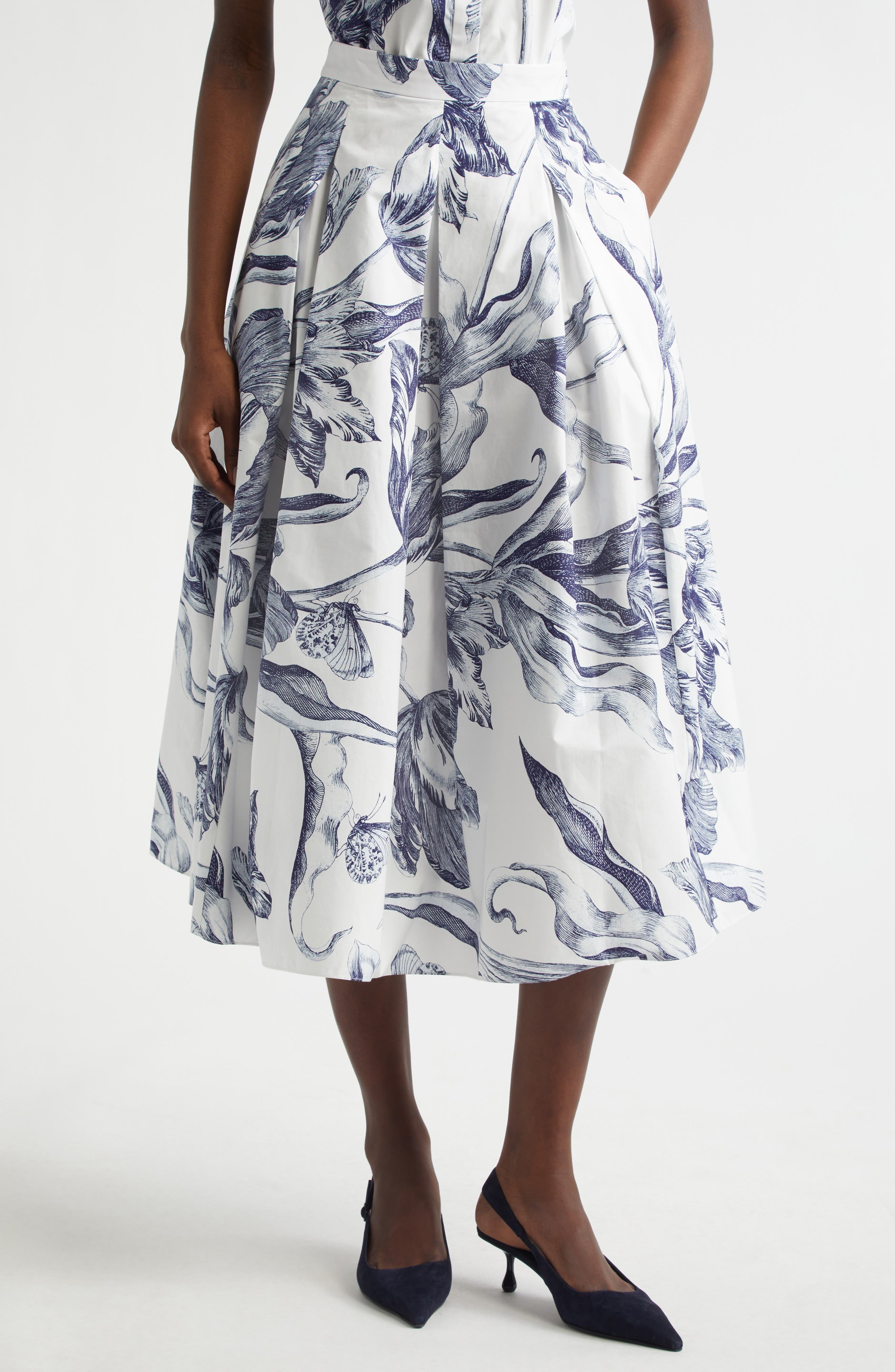 Print Pleated Cotton Midi Skirt - image 1