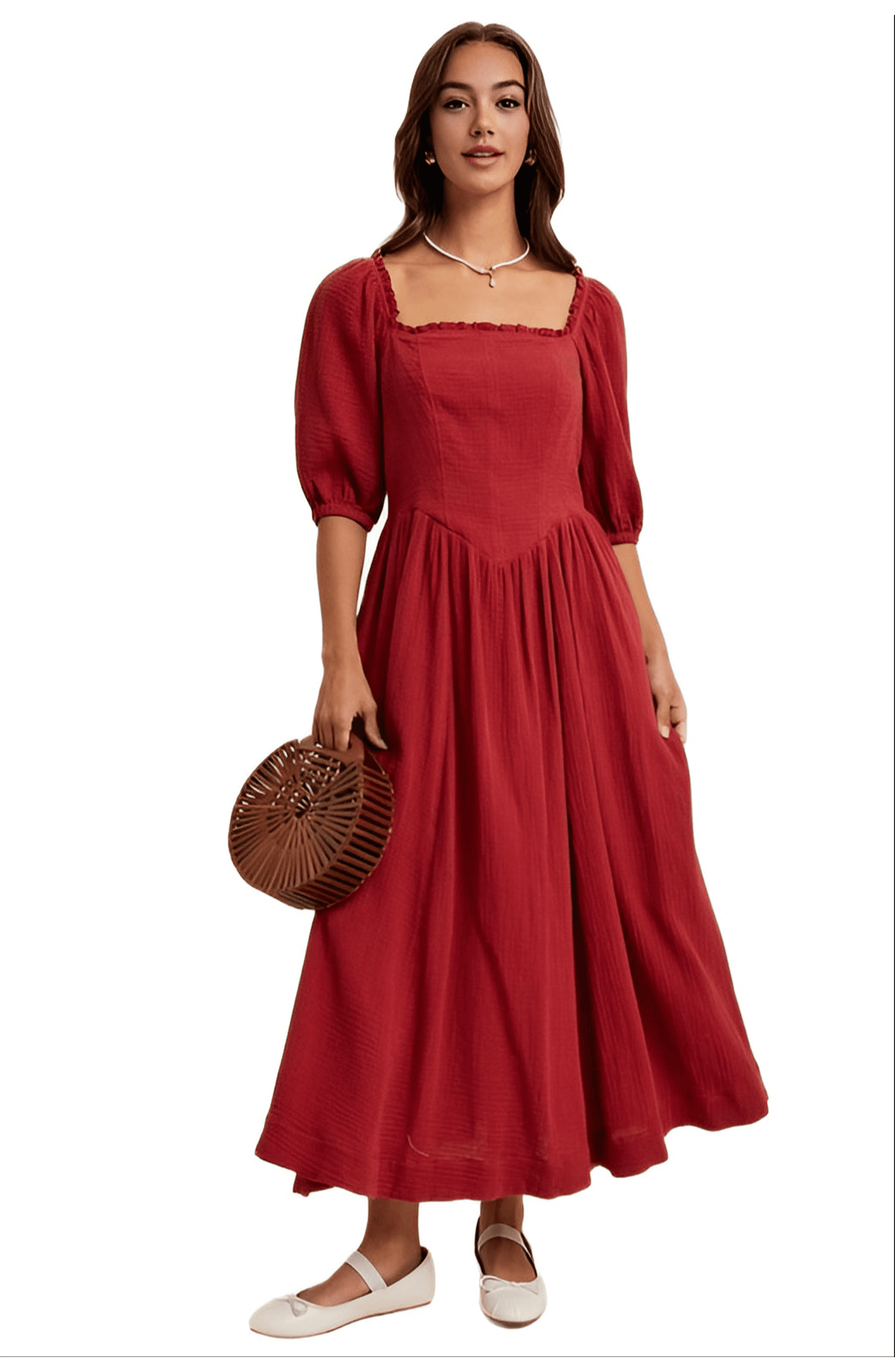 Square-Neck Puff Sleeve Midi Dress - image 1