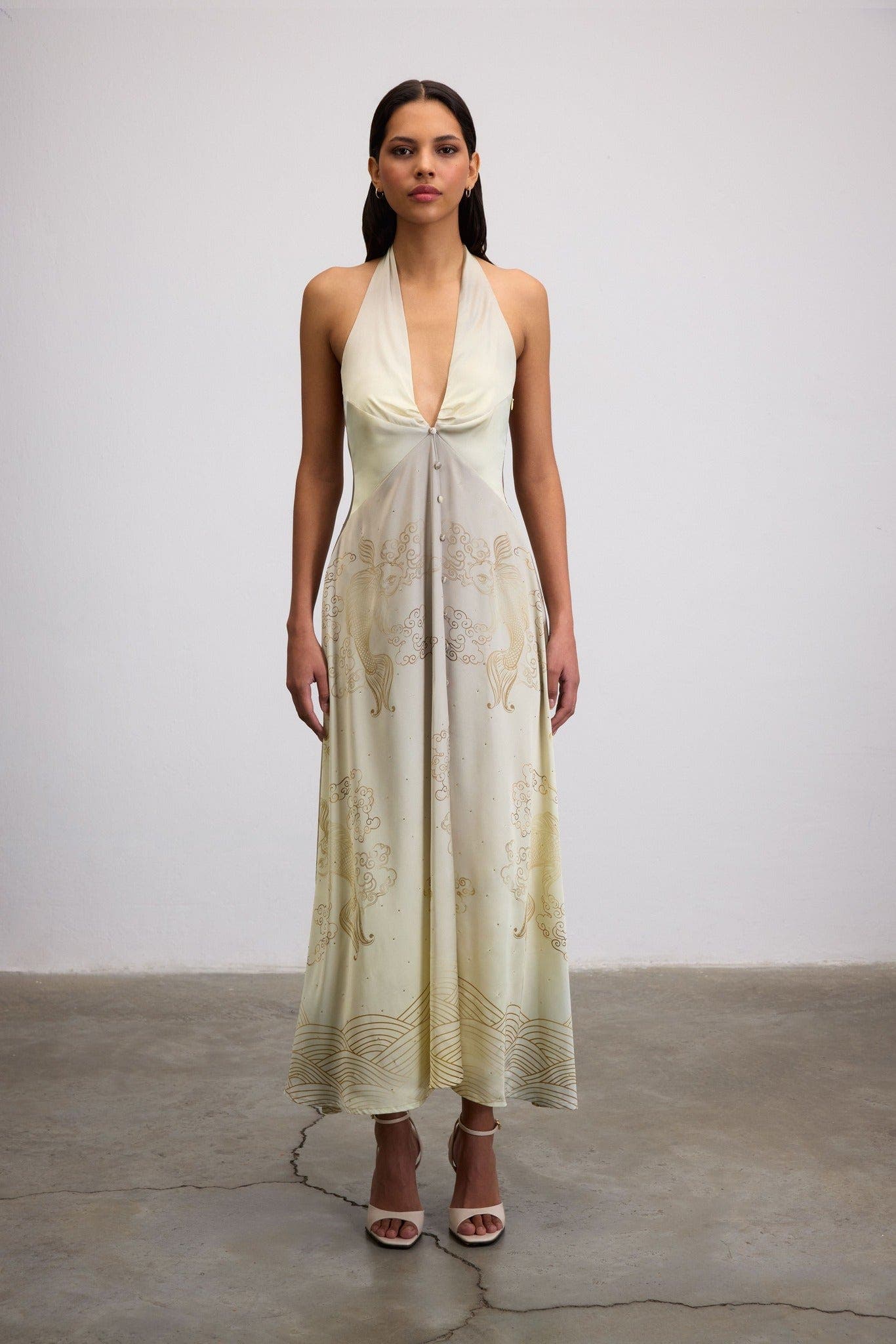 Golden Koi Maxi Dress With Crystal Hem - image 1