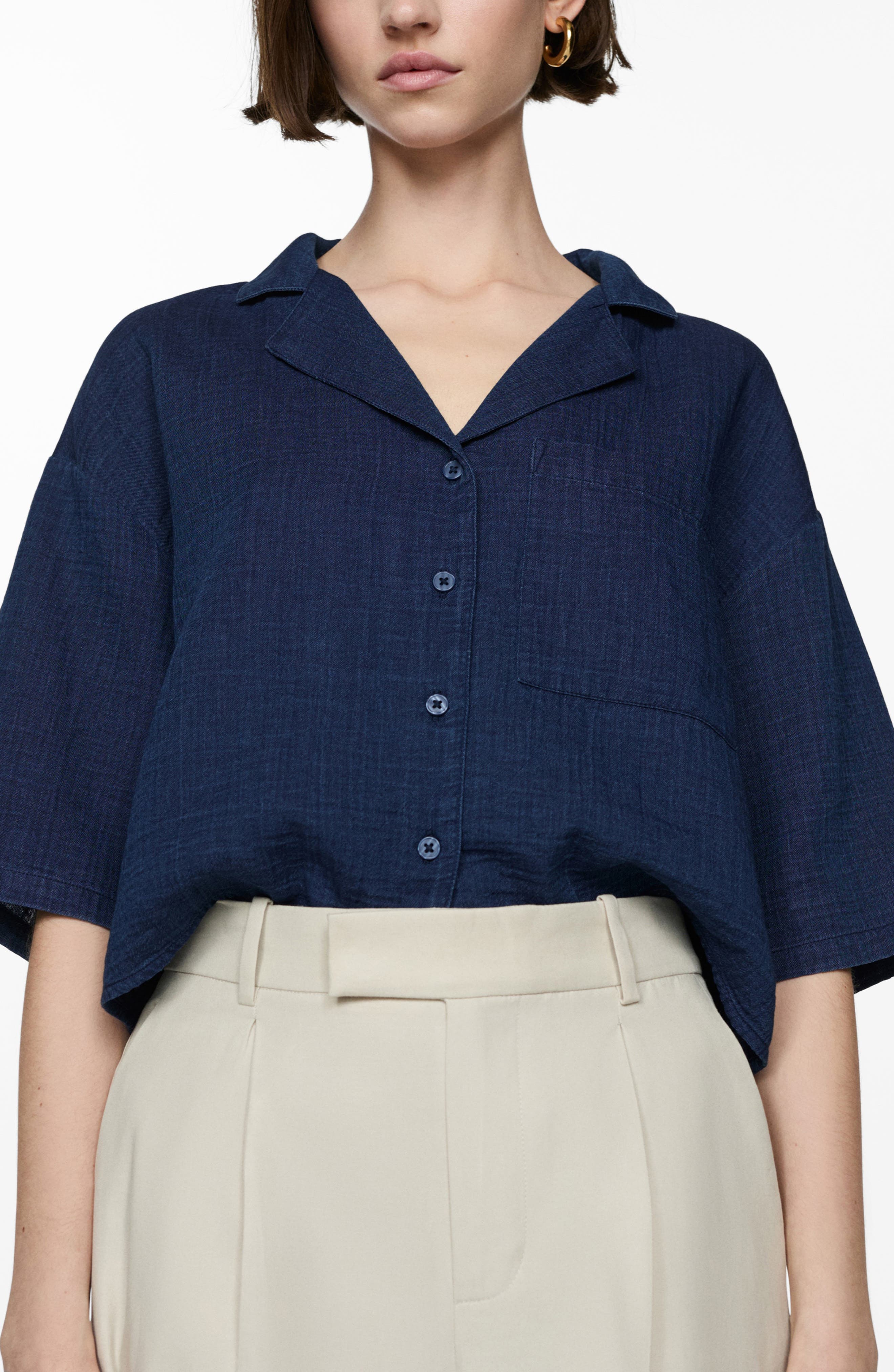 Boxy Elbow Sleeve Cotton Camp Shirt - image 1