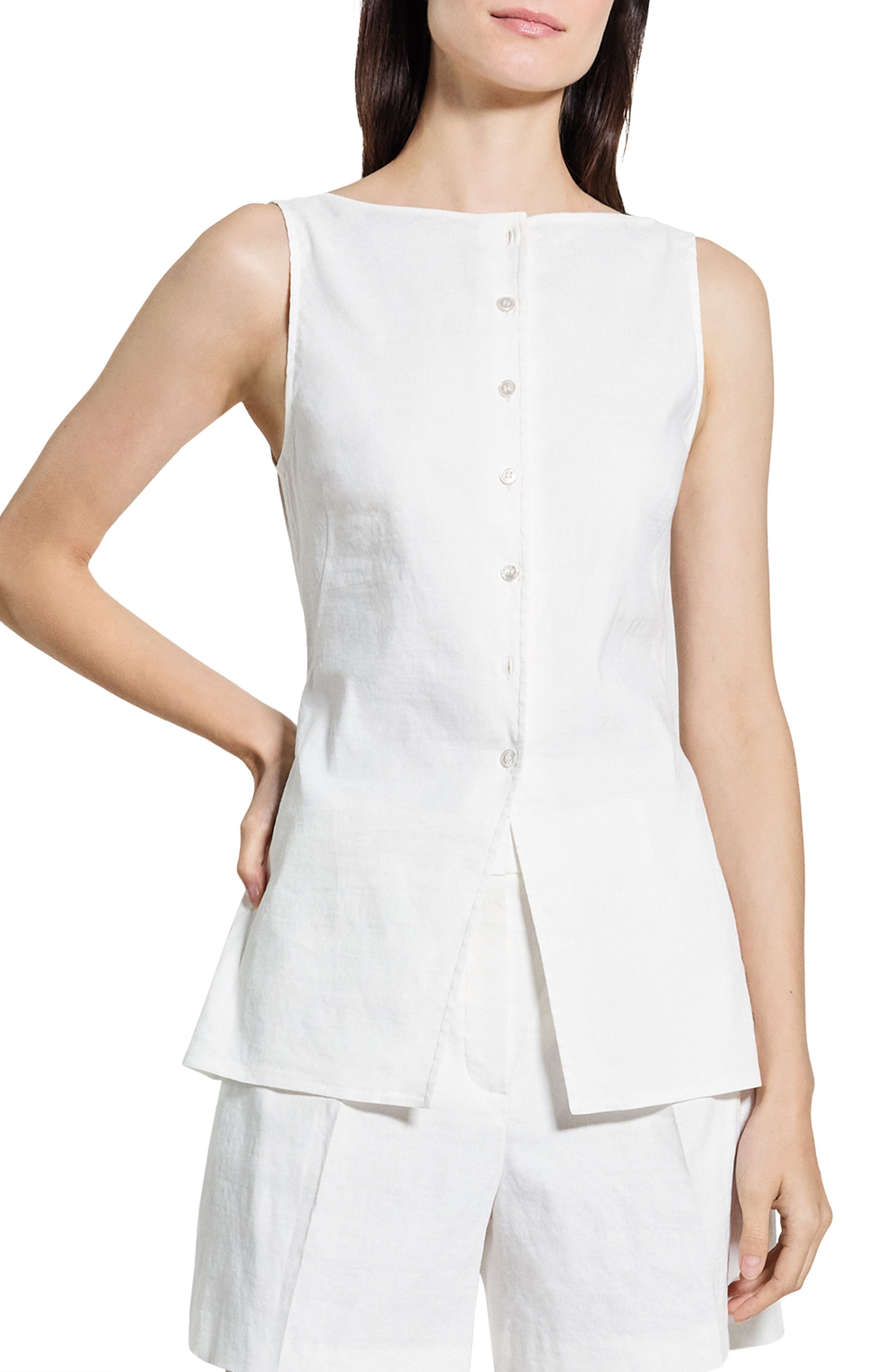 Boatneck Sleeveless Linen Blend Button-Up Shirt - image 1