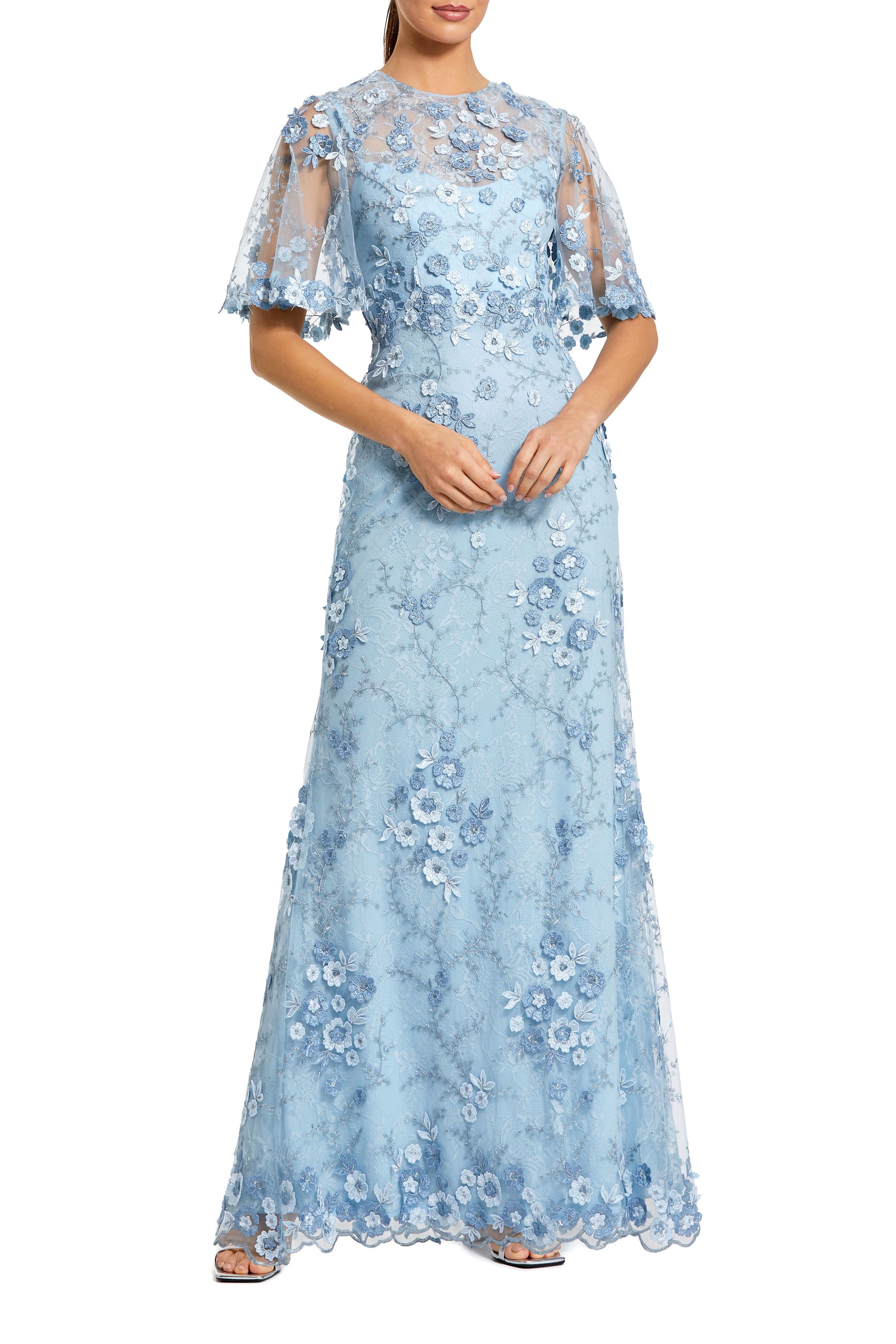Petite Flutter Sleeve Floral Embroidered Net Gown - image 1