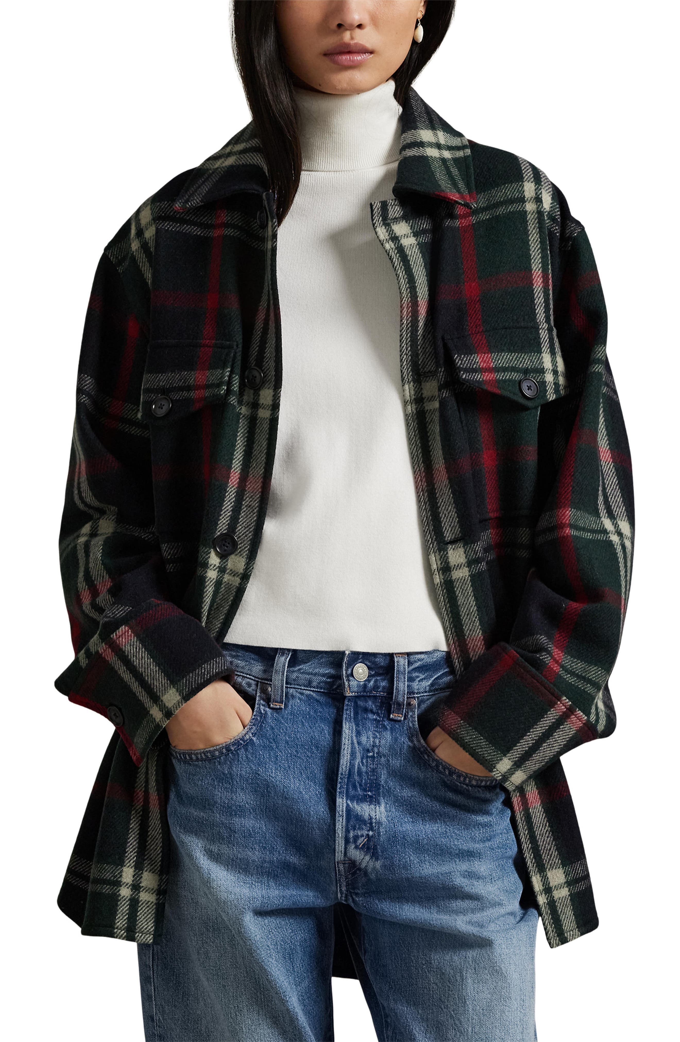 Oversize Plaid Wool Blend Twill Shirt Jacket - image 1