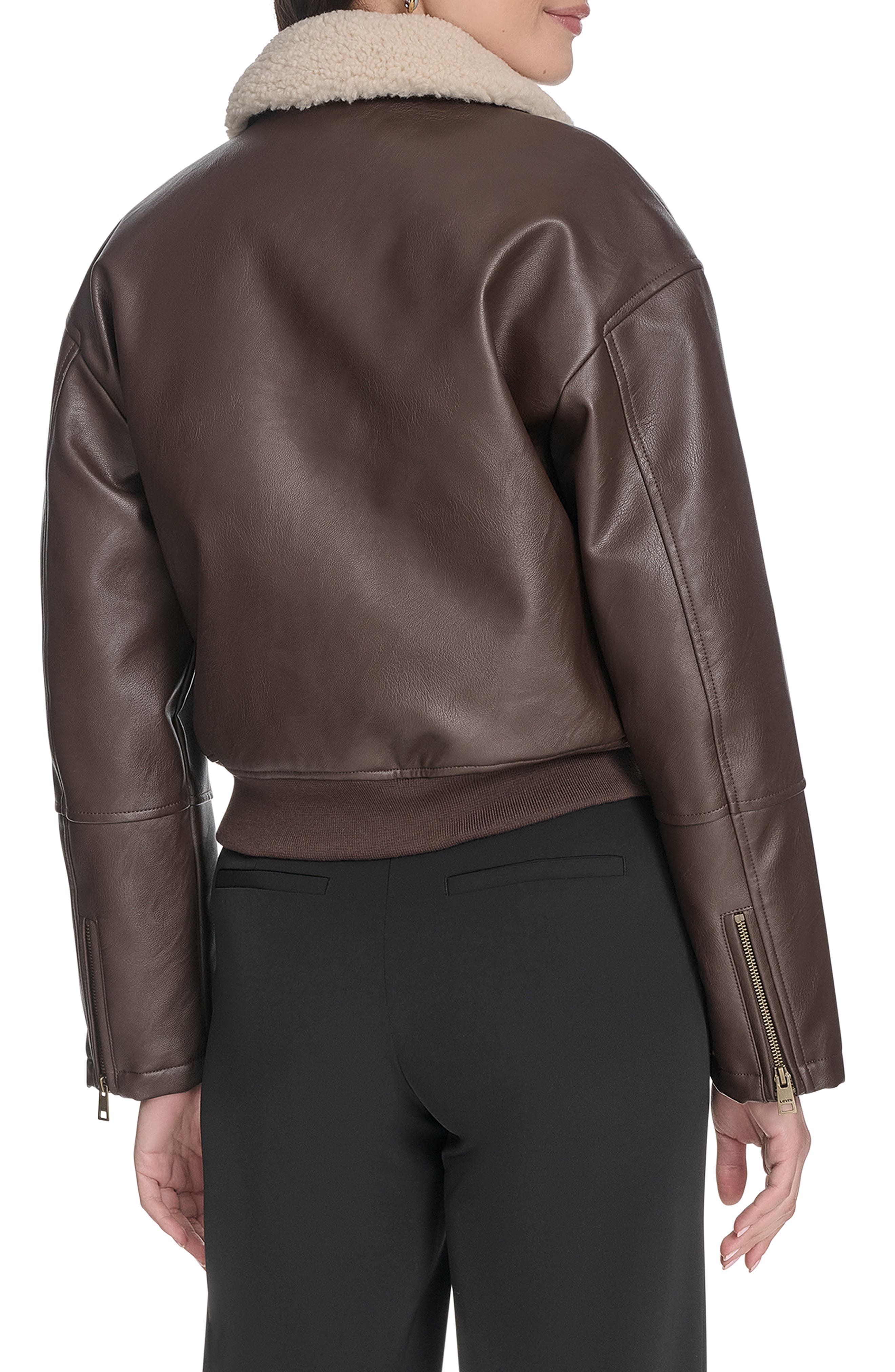 Faux Leather Bomber Jacket with Faux Shearling Collar - image 2