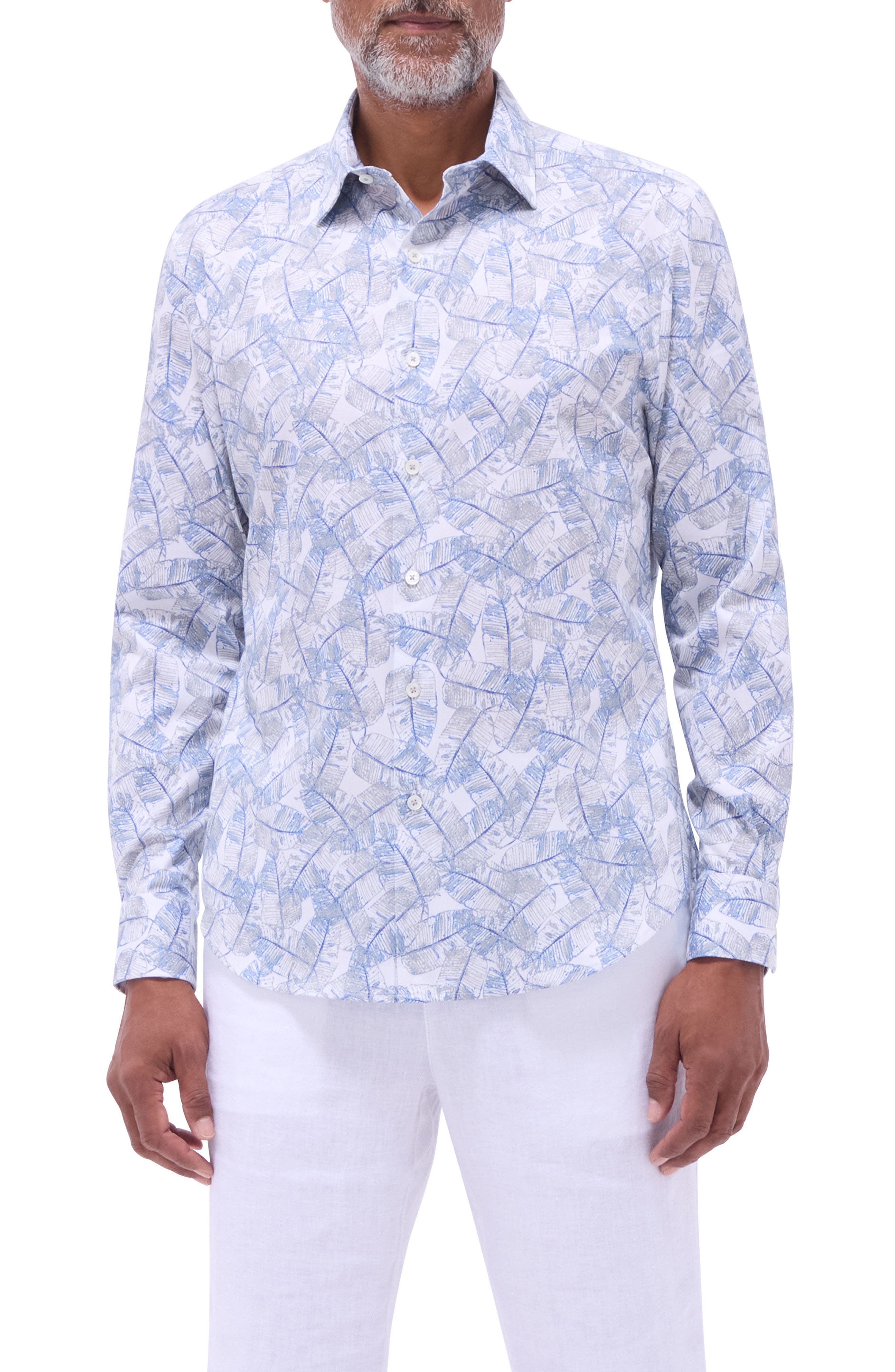 Julian Shaped Fit Leaf Print Stretch Cotton Button-Up Shirt - image 1