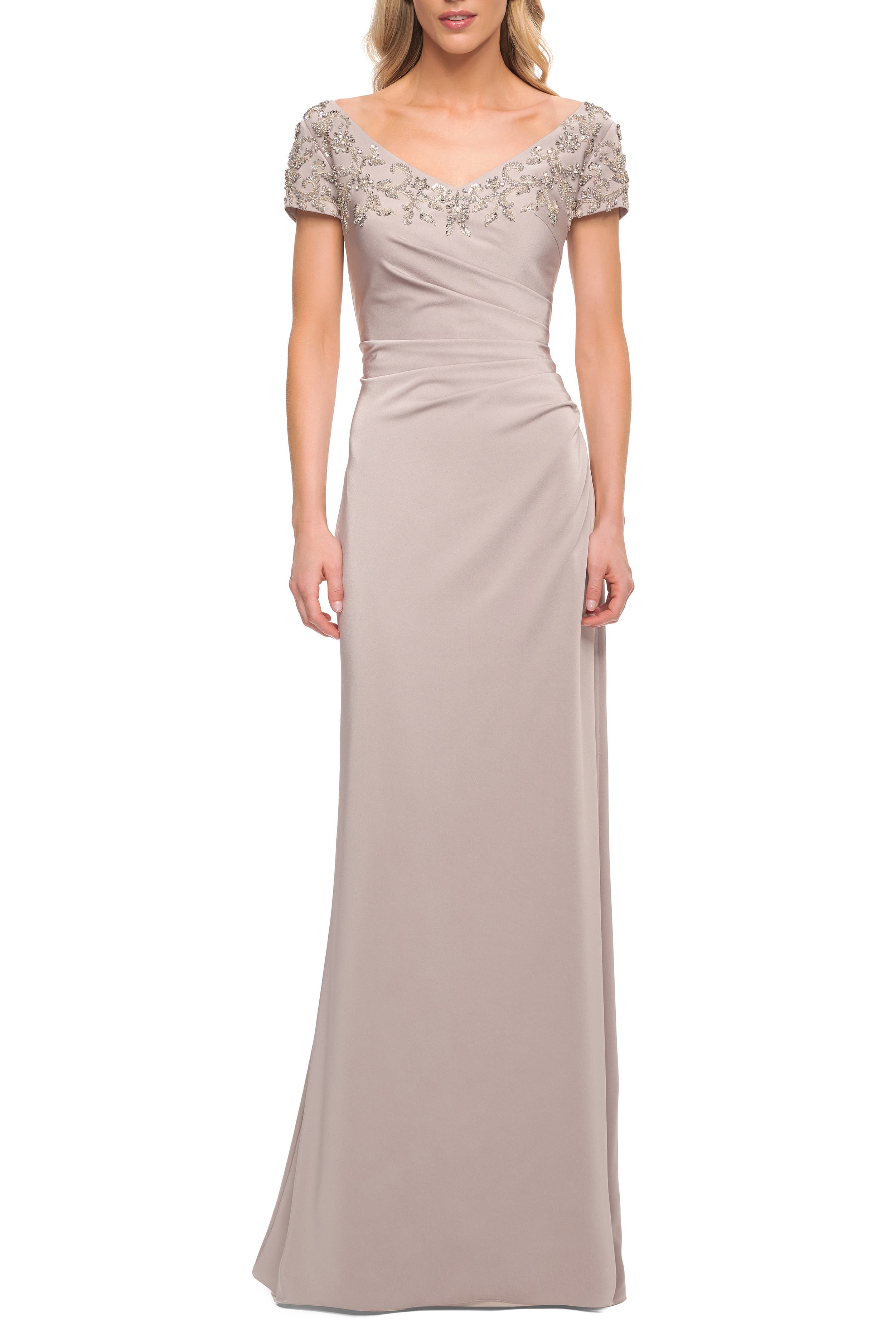 Short Sleeve Evening Dress with Beaded Neckline - image 1