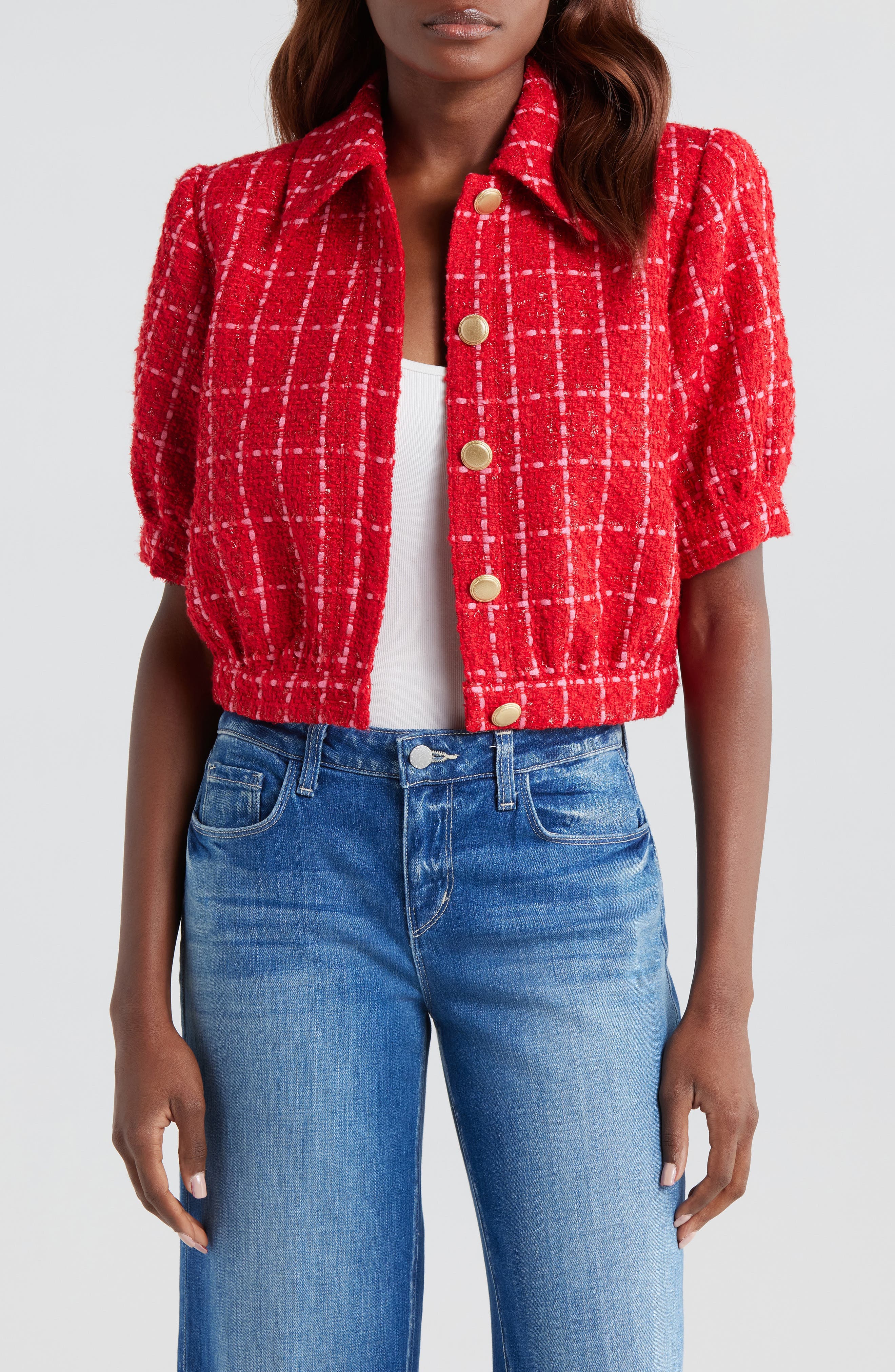 Cove Plaid Short Sleeve Crop Tweed Jacket - image 1