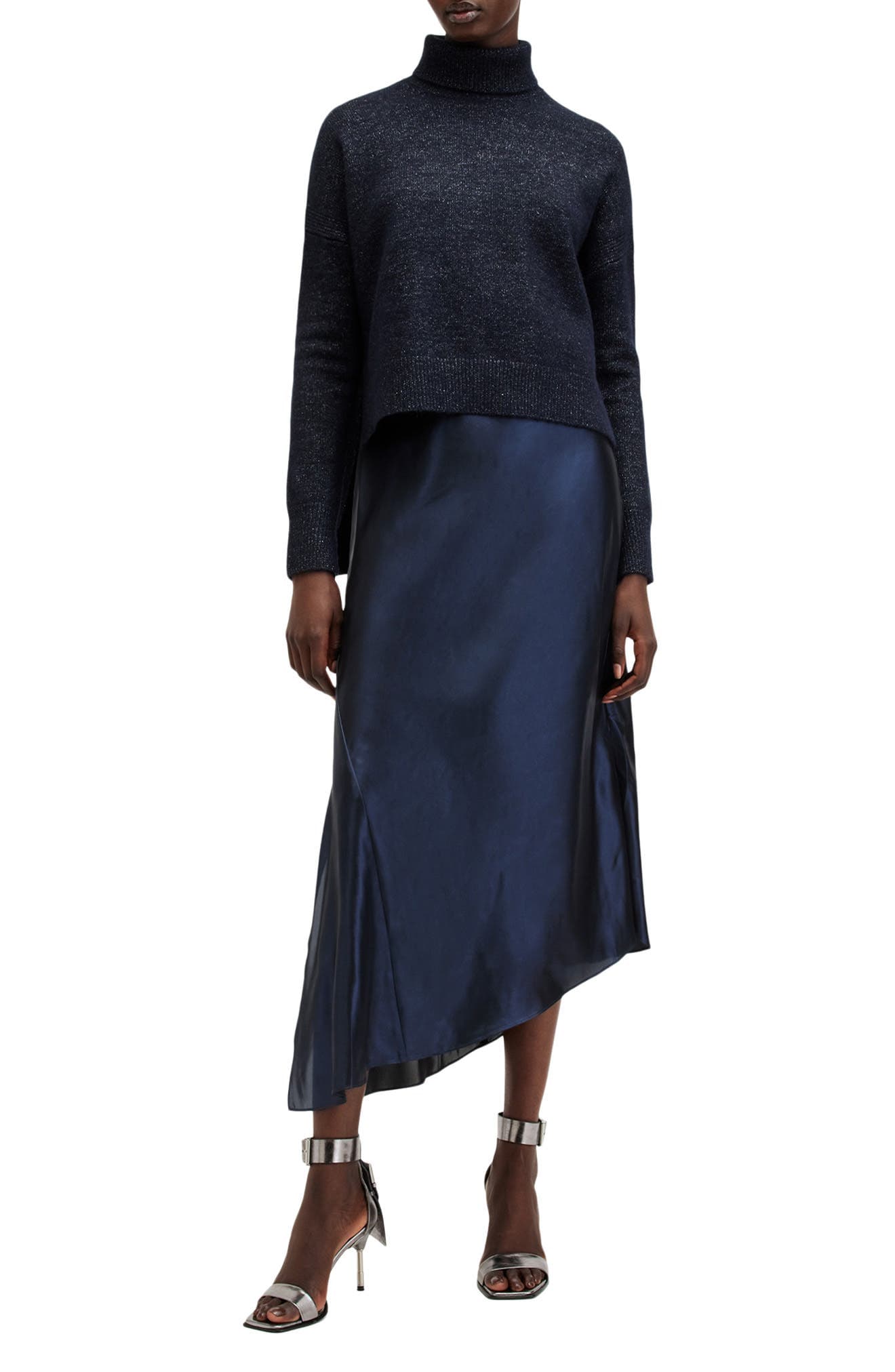Amos Asymmetric Satin Slipdress and Sparkle Sweater Set - image 1