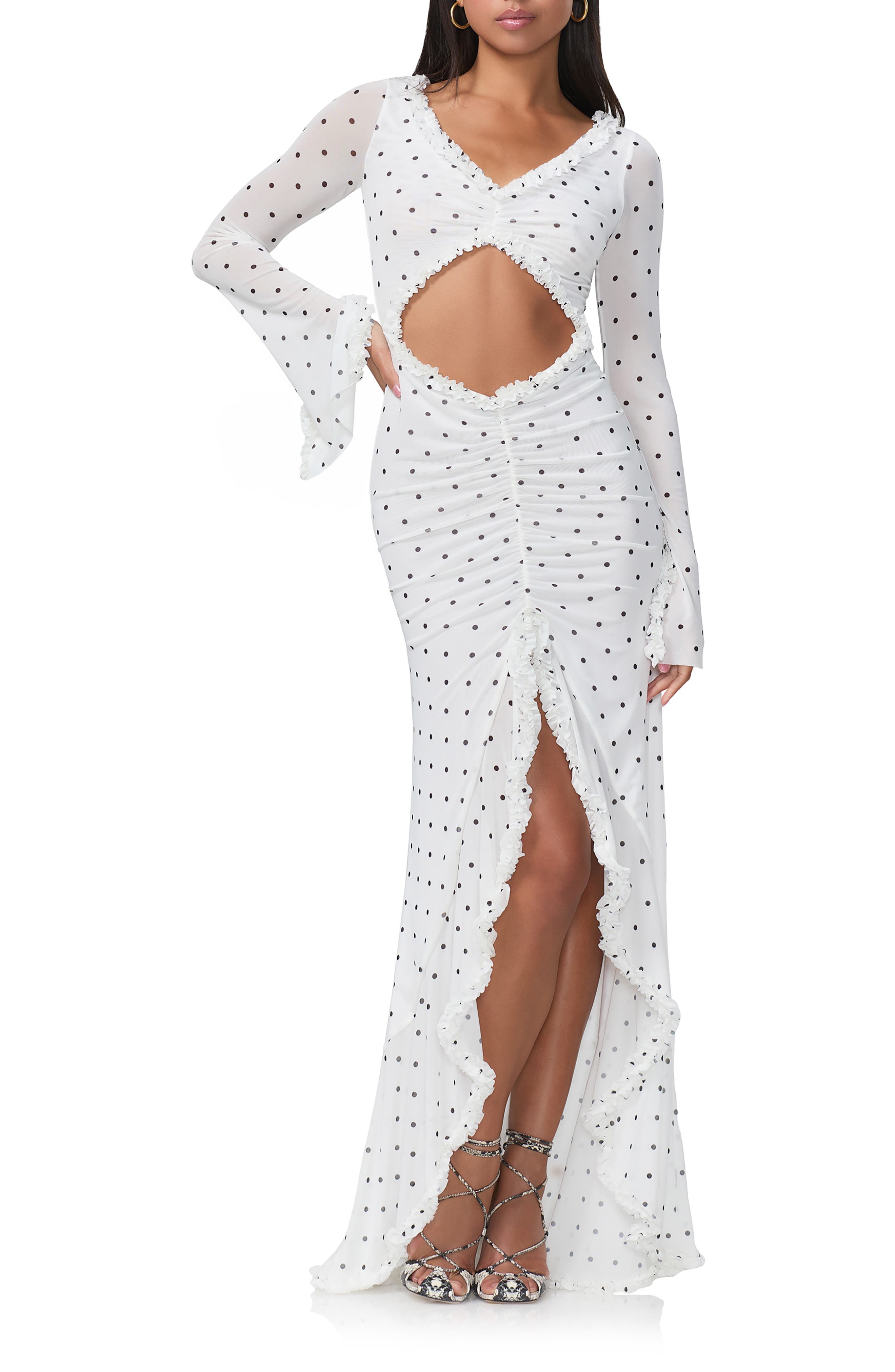 Cat Ruched Semisheer Long Sleeve Cutout High-Low Hem Maxi Dress - image 1