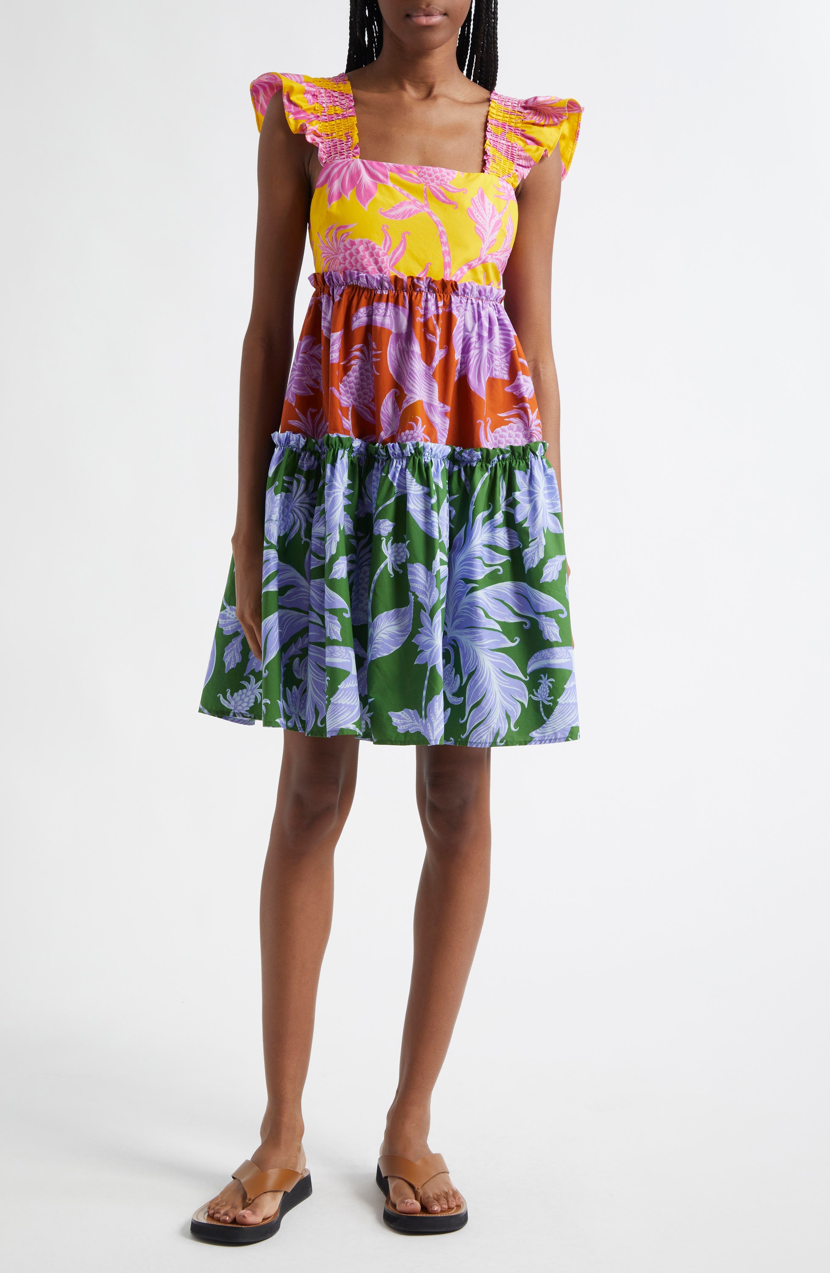 Tropical Swing Mixed Print Tiered Cotton Sundress - image 1