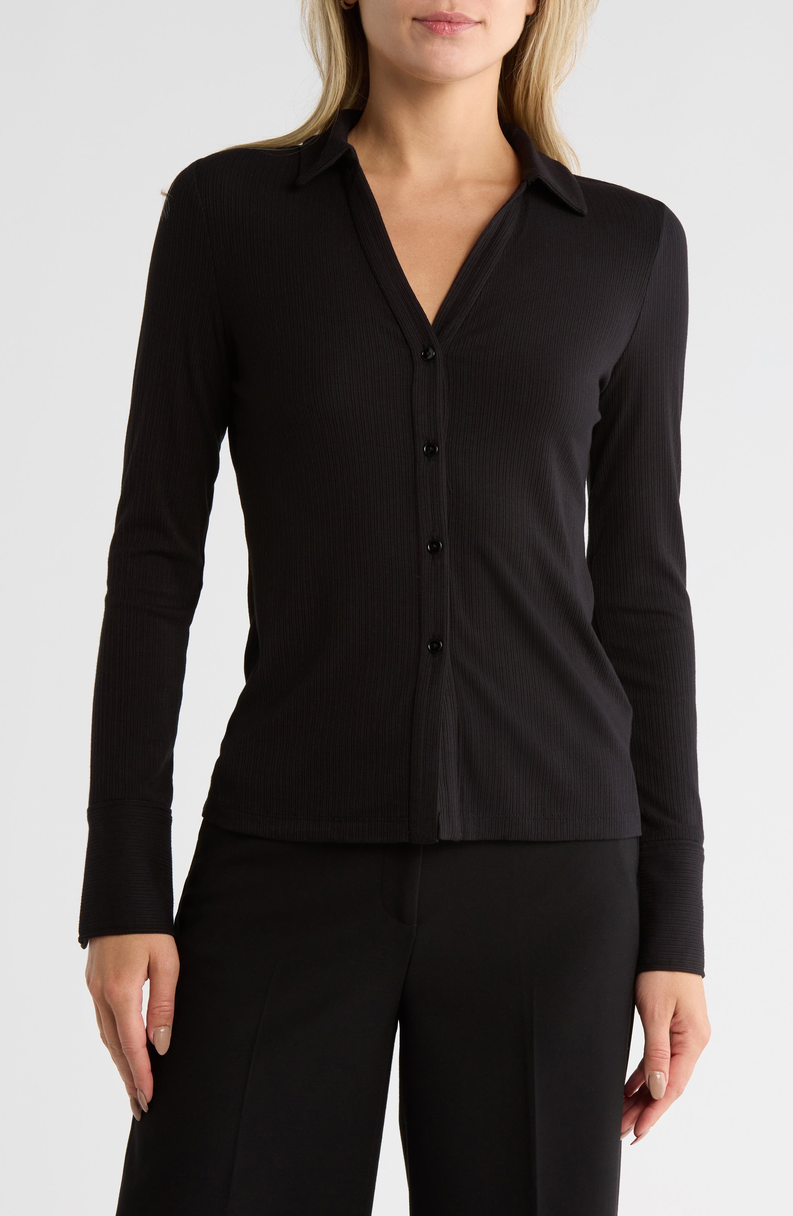 Long Sleeve Split Neck Ribbed Top - image 1