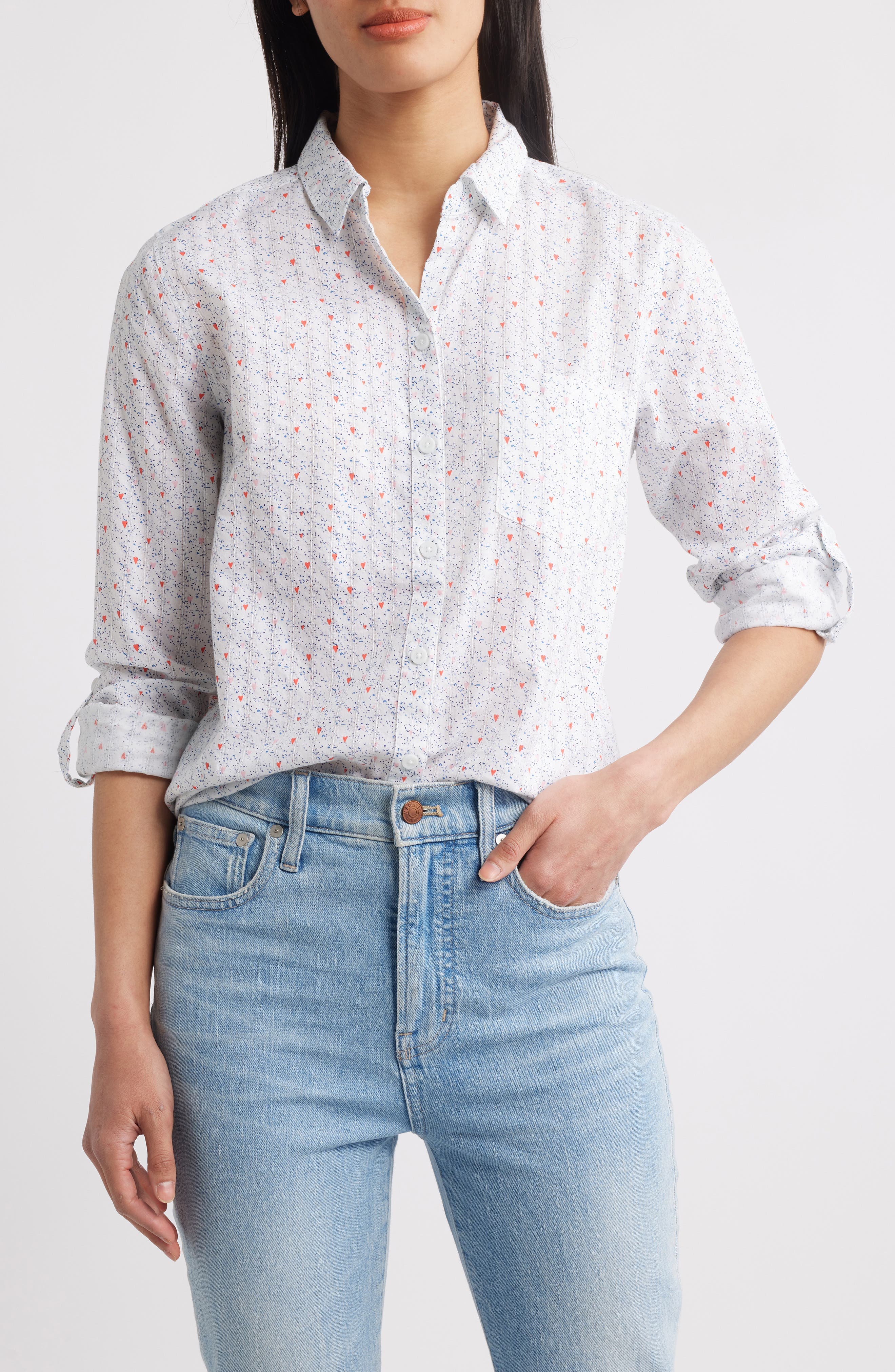 Karolee Heart Print Cotton Button-Up Shirt - image 1