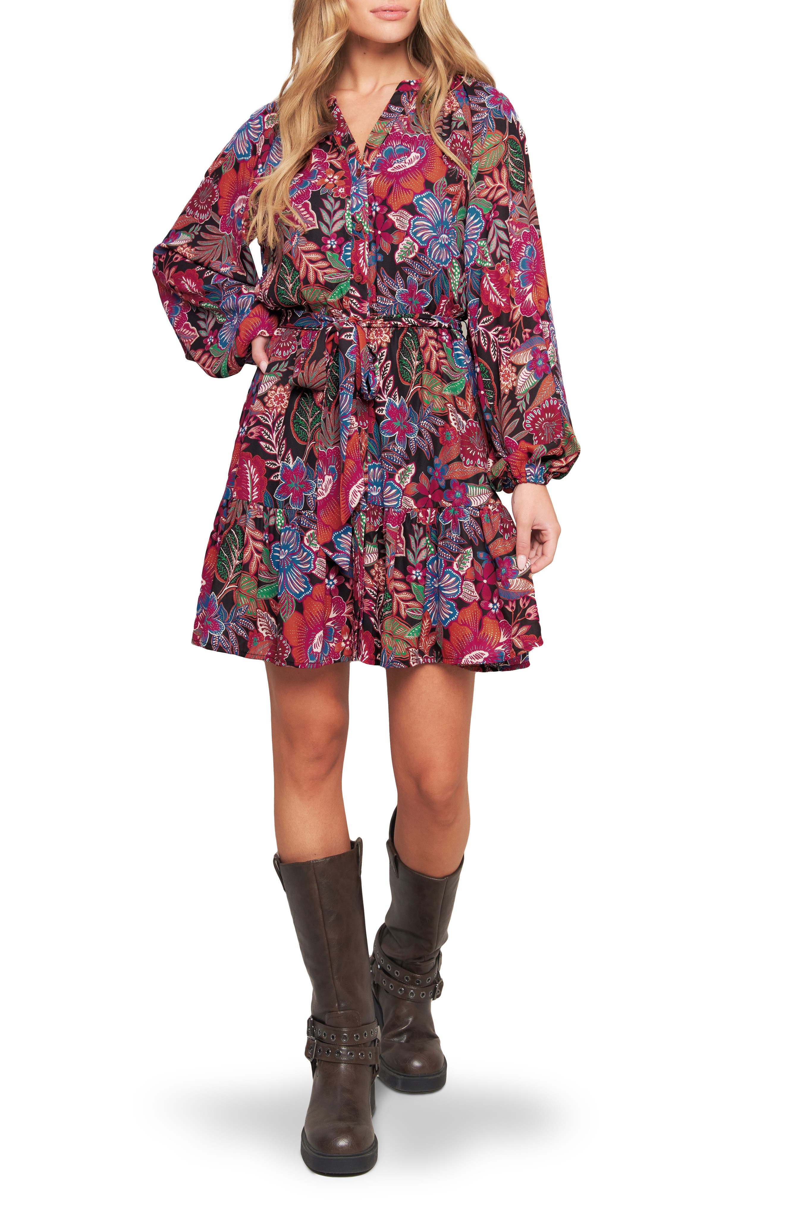 Print Long Sleeve Mini Shirtdress - image 1