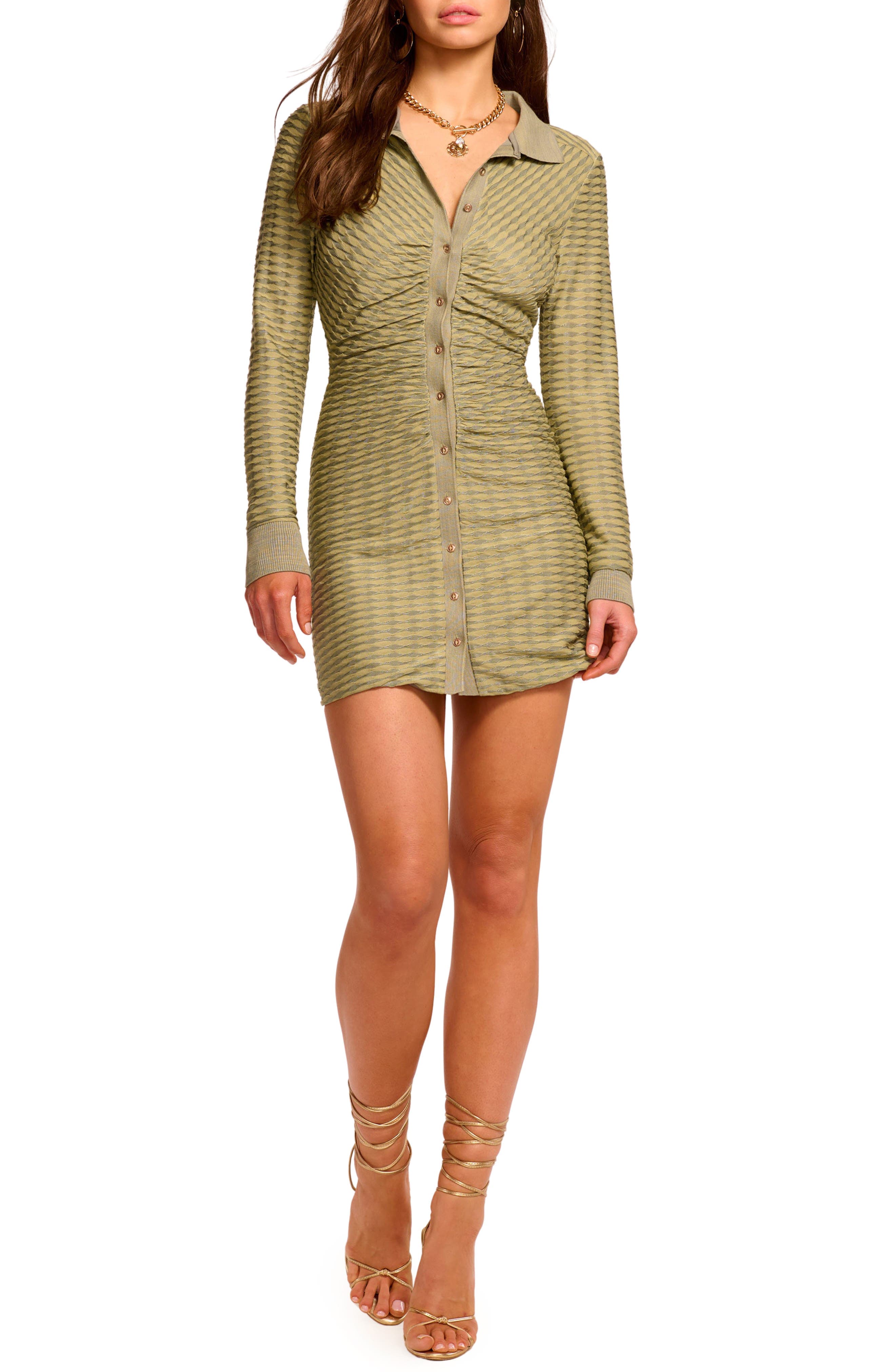 Ivette Metallic Stripe Long Sleeve Mini Shirtdress