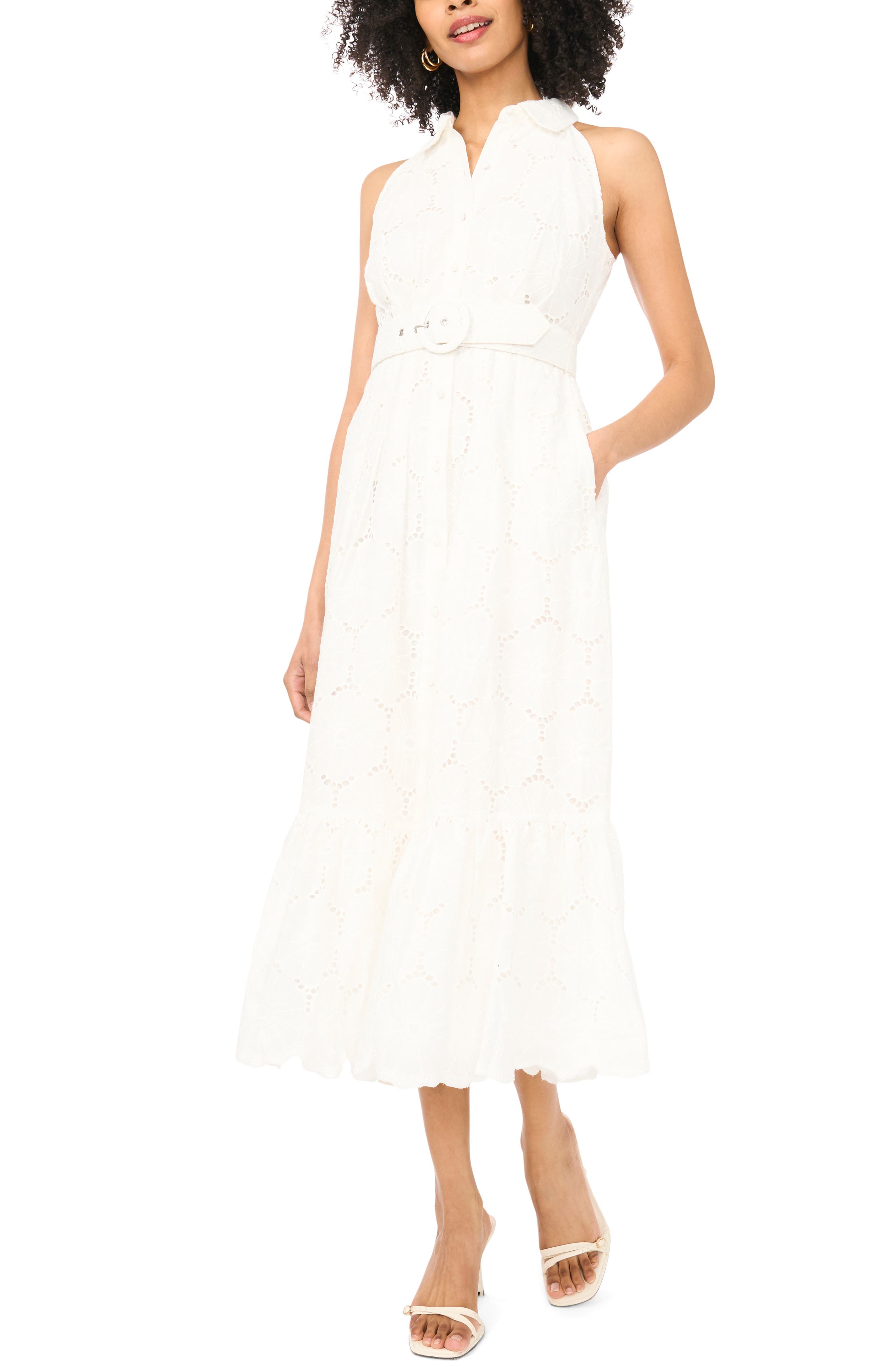 Sleeveless Belted Cotton Broderie Anglaise Maxi Shirtdress - image 1