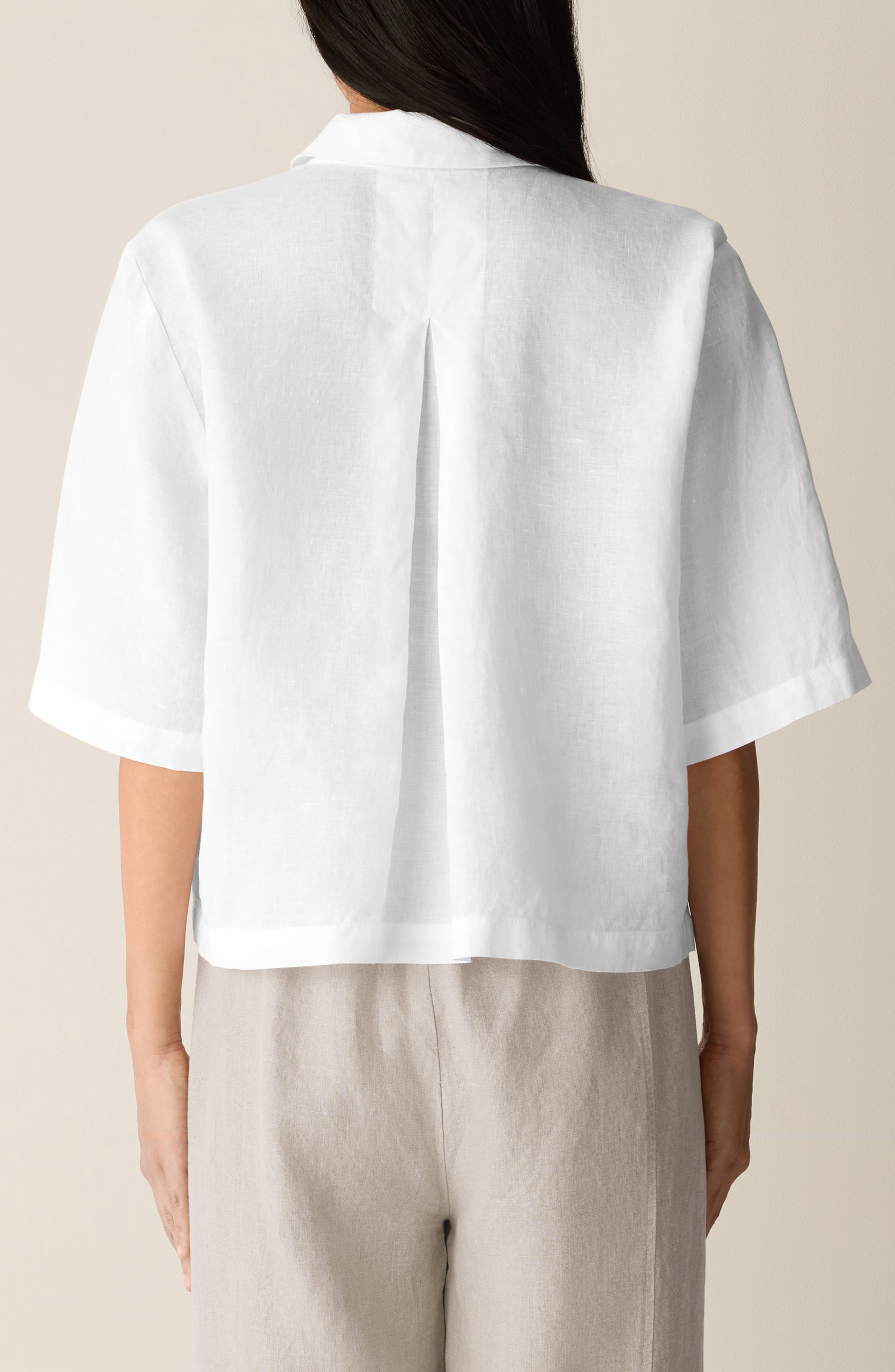 Classic Collar Elbow Sleeve Organic Linen Button-Up Shirt - image 2