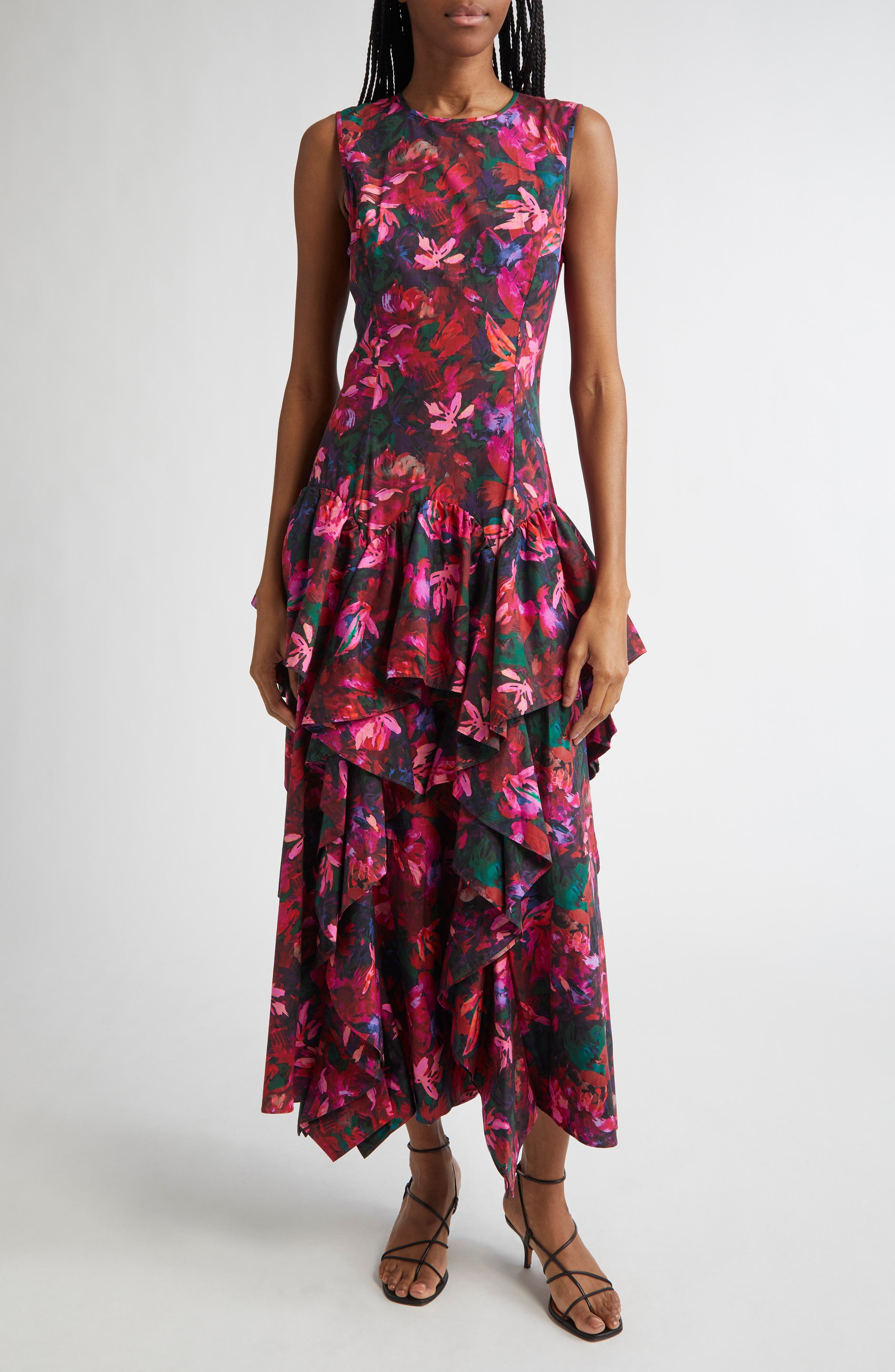 Mural Floral Ruffle Detail Cotton Dress - image 1
