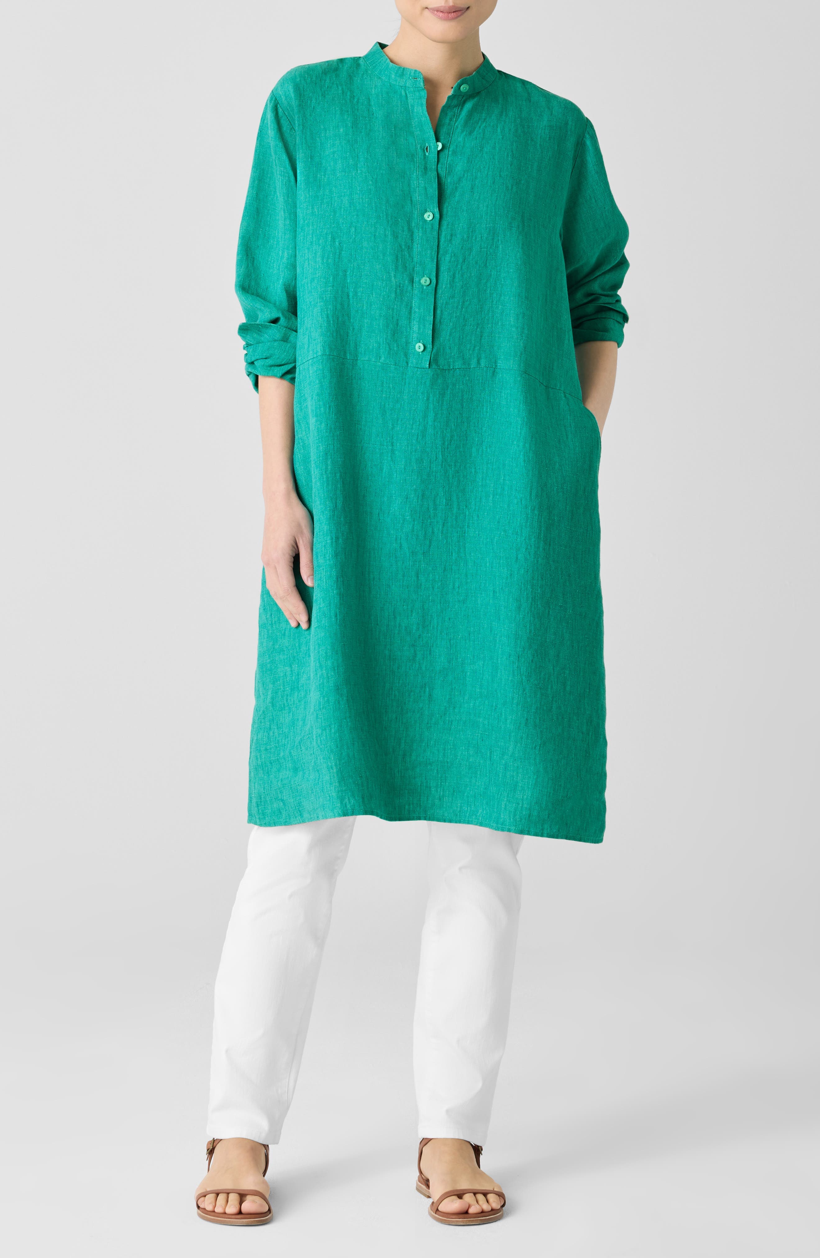 Long Sleeve Organic Linen Shift Shirtdress - image 1