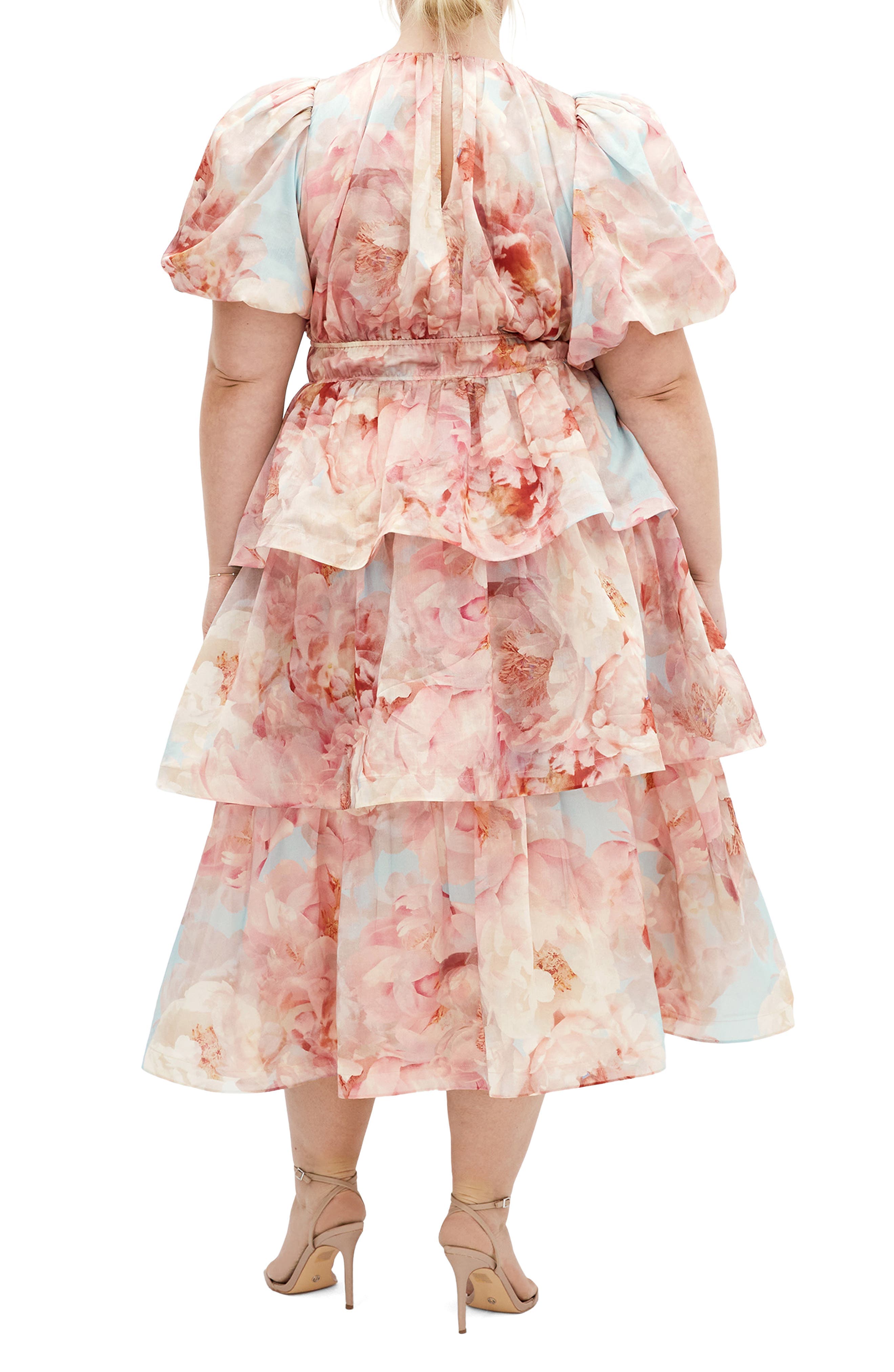 Heavenly Floral Puff Sleeve Tiered Midi Dress - image 2