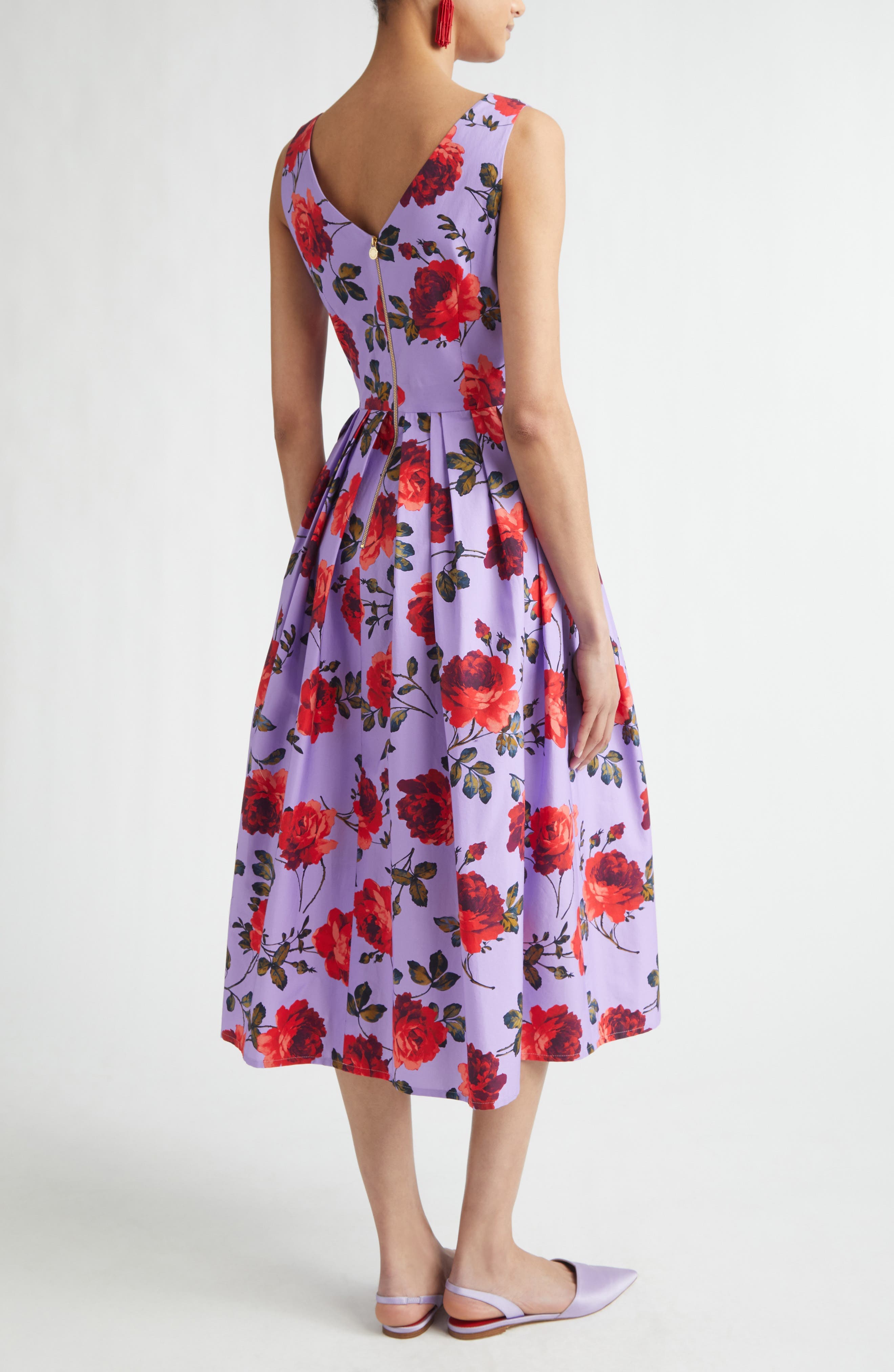Rose Print Stretch Poplin A-Line Midi Dress - image 2