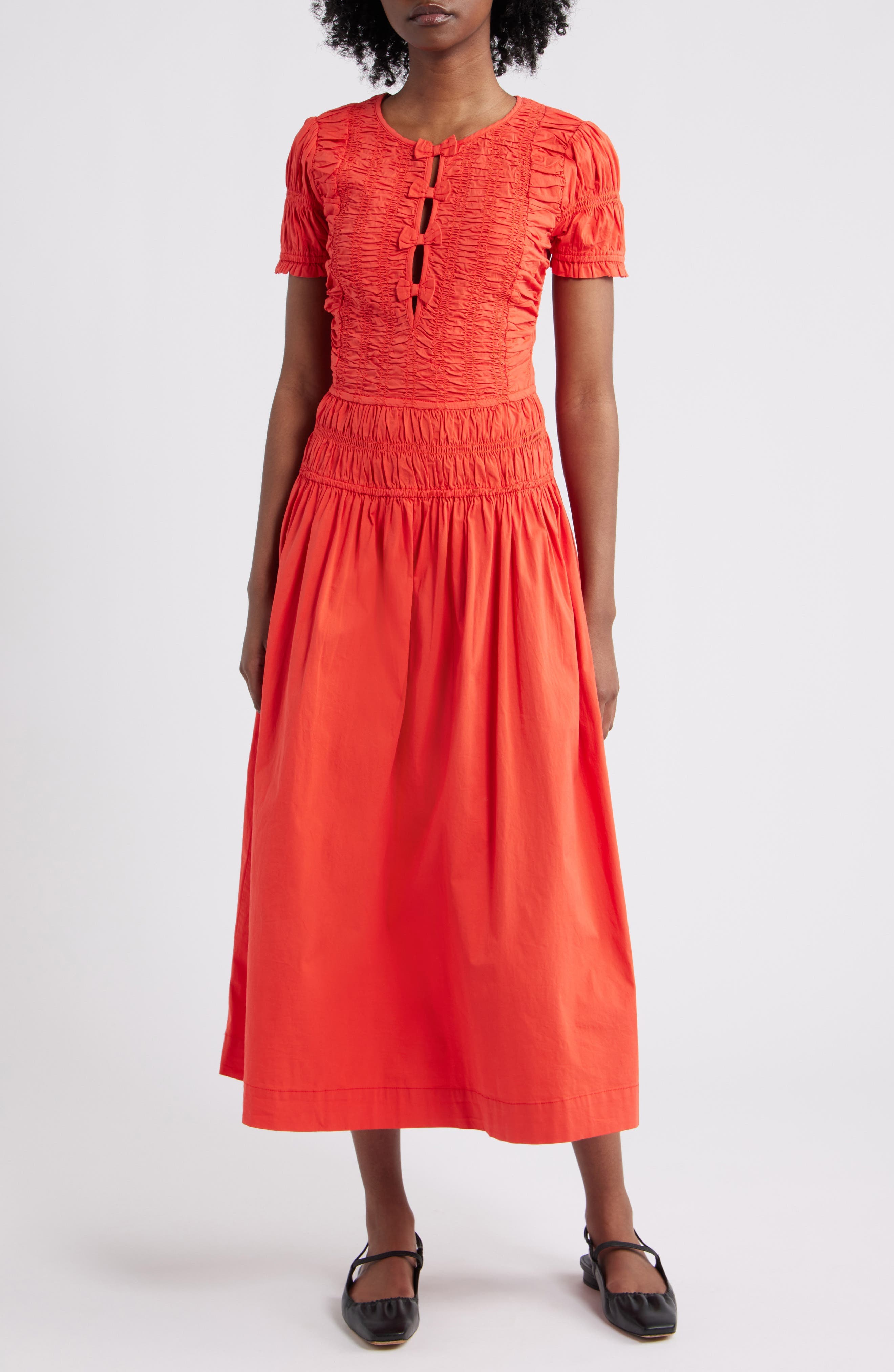 Smocked Drop Waist Stretch Organic Cotton Midi Dress - image 1