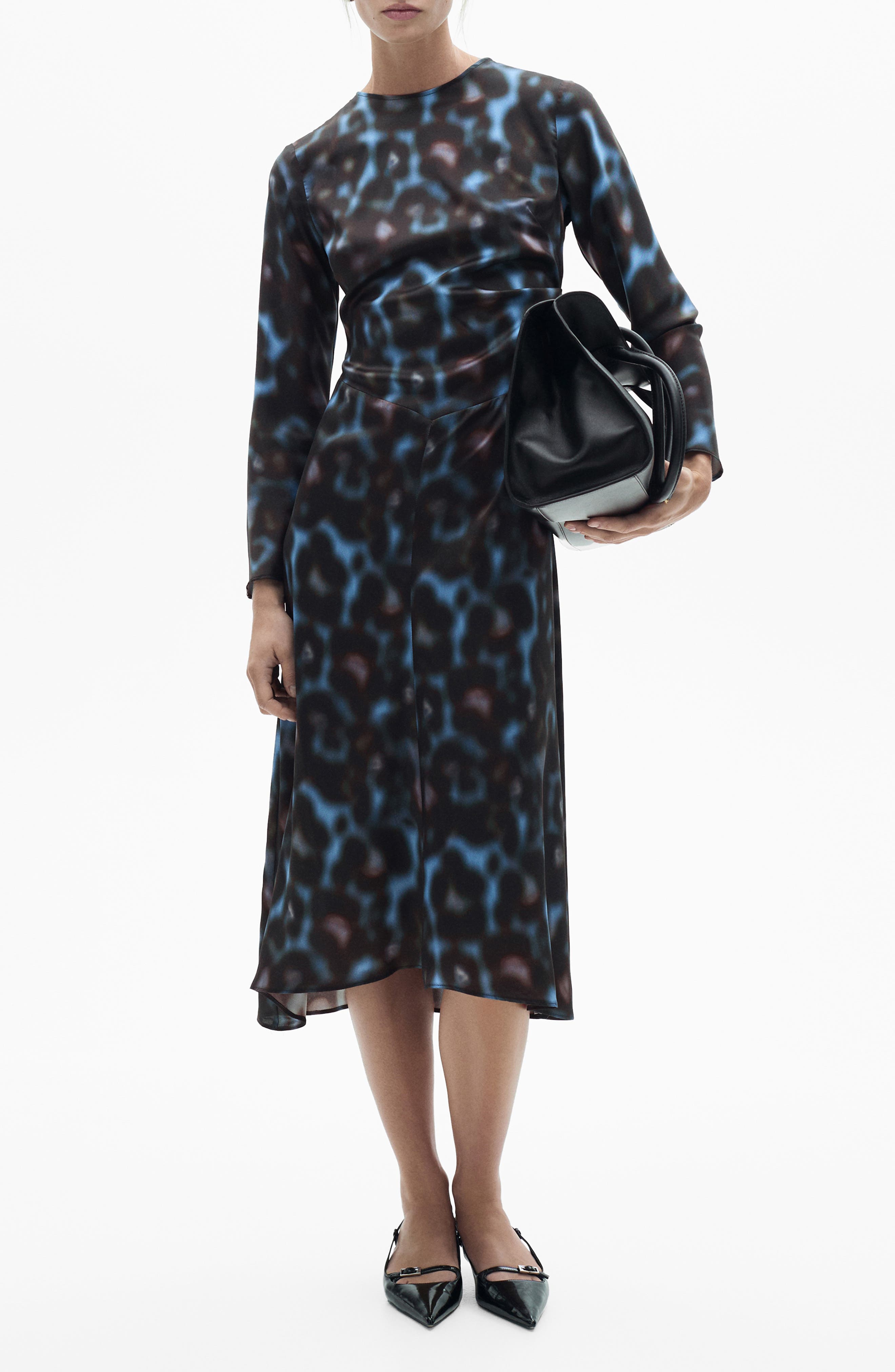 Draped Long Sleeve Satin Midi Dress - image 1