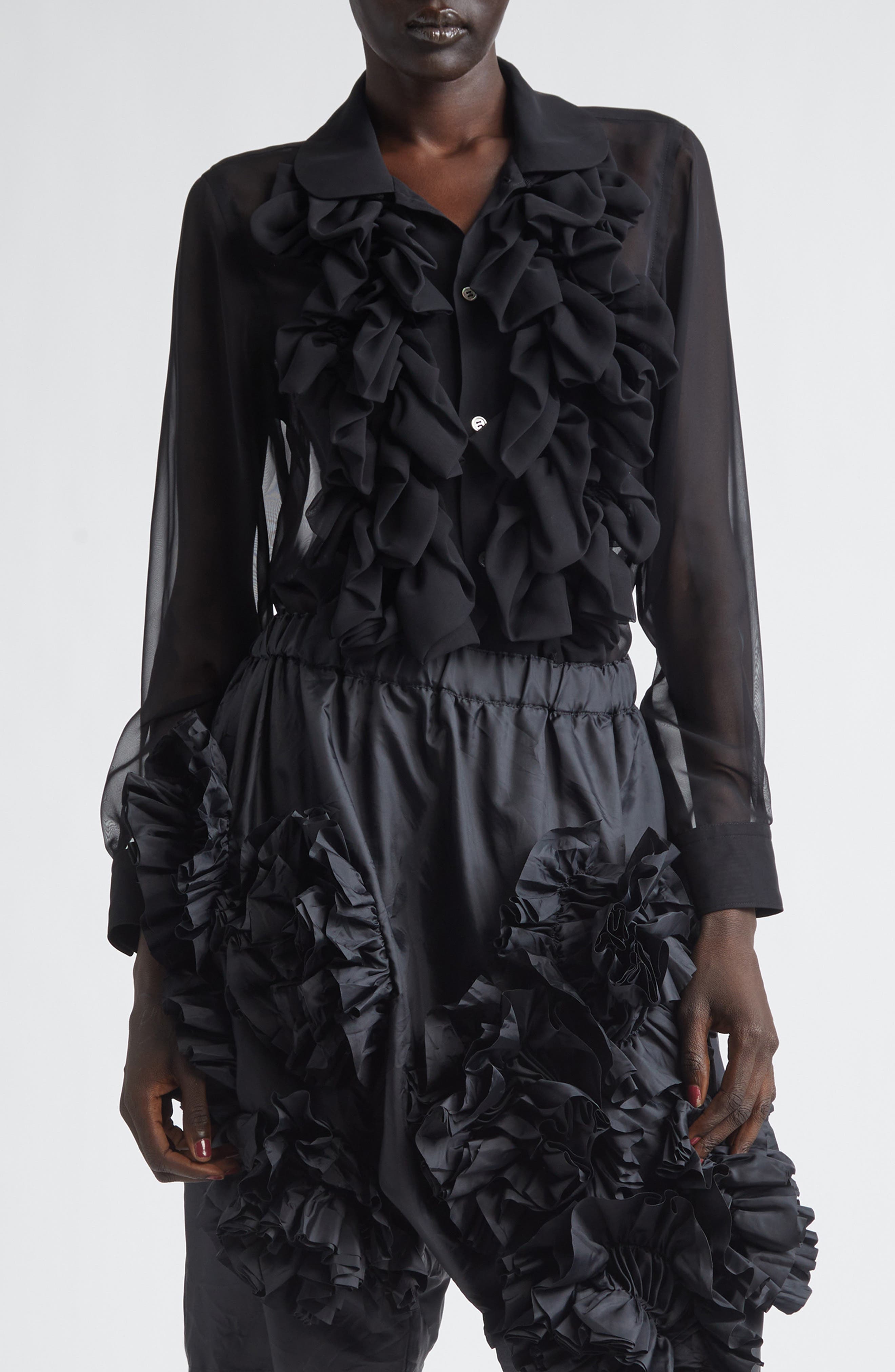 Ruffle Sheer Crepe Button-Up Shirt - image 1