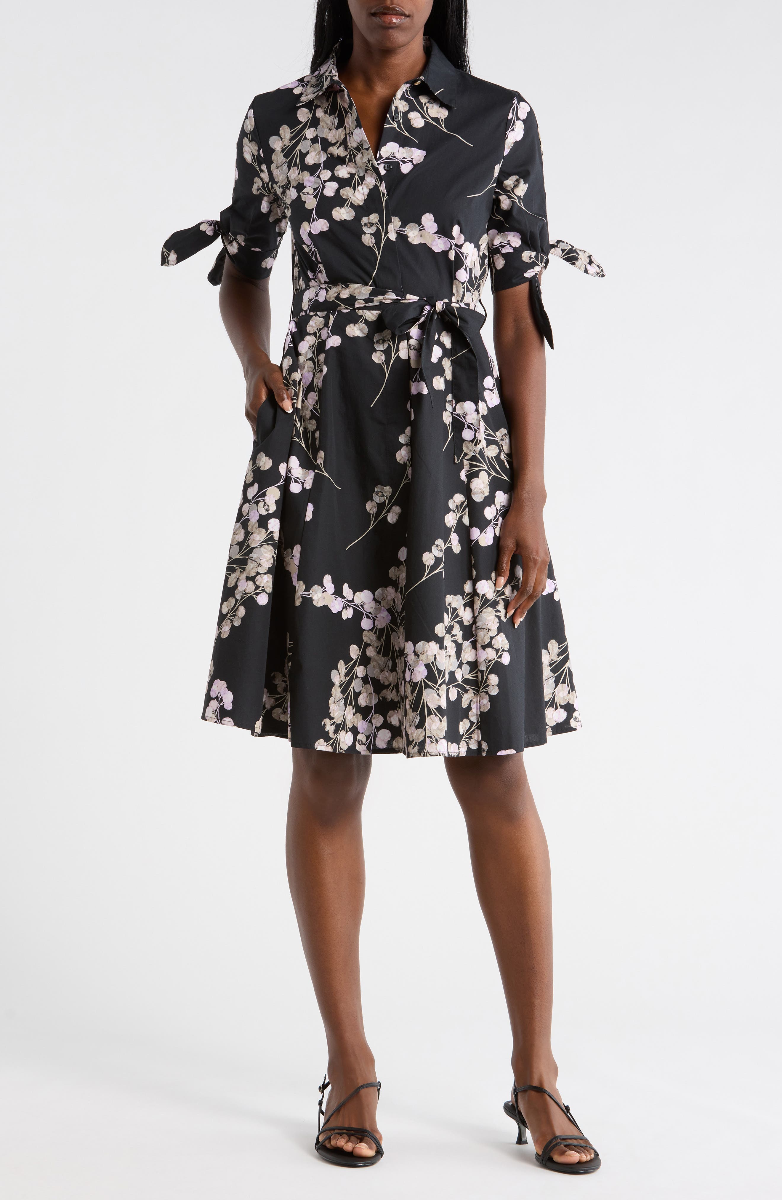 Floral Short Sleeve Tie Cotton Shirtdress - image 1