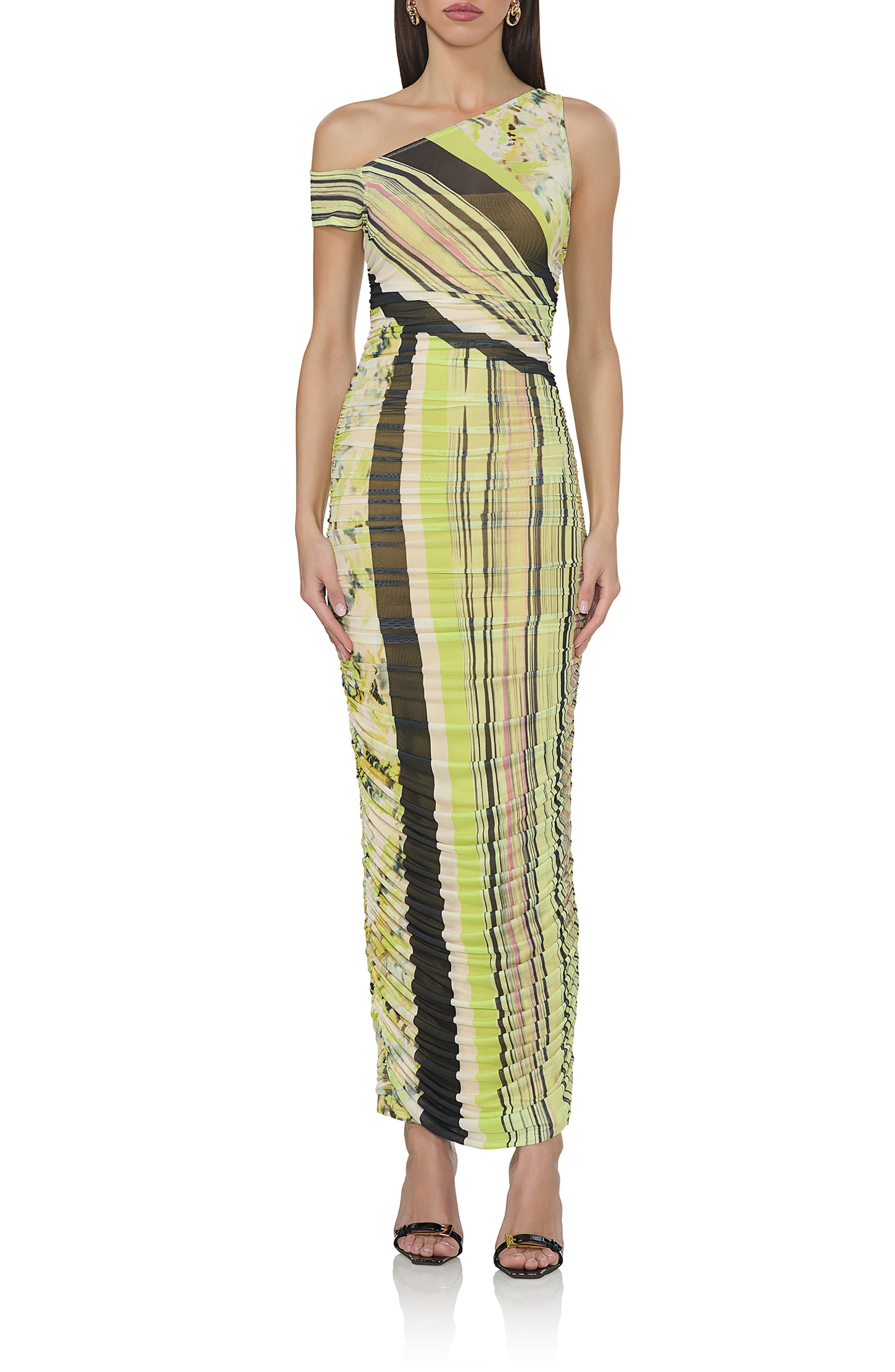 Biona One-Shoulder Ruched Mesh Maxi Dress - image 1