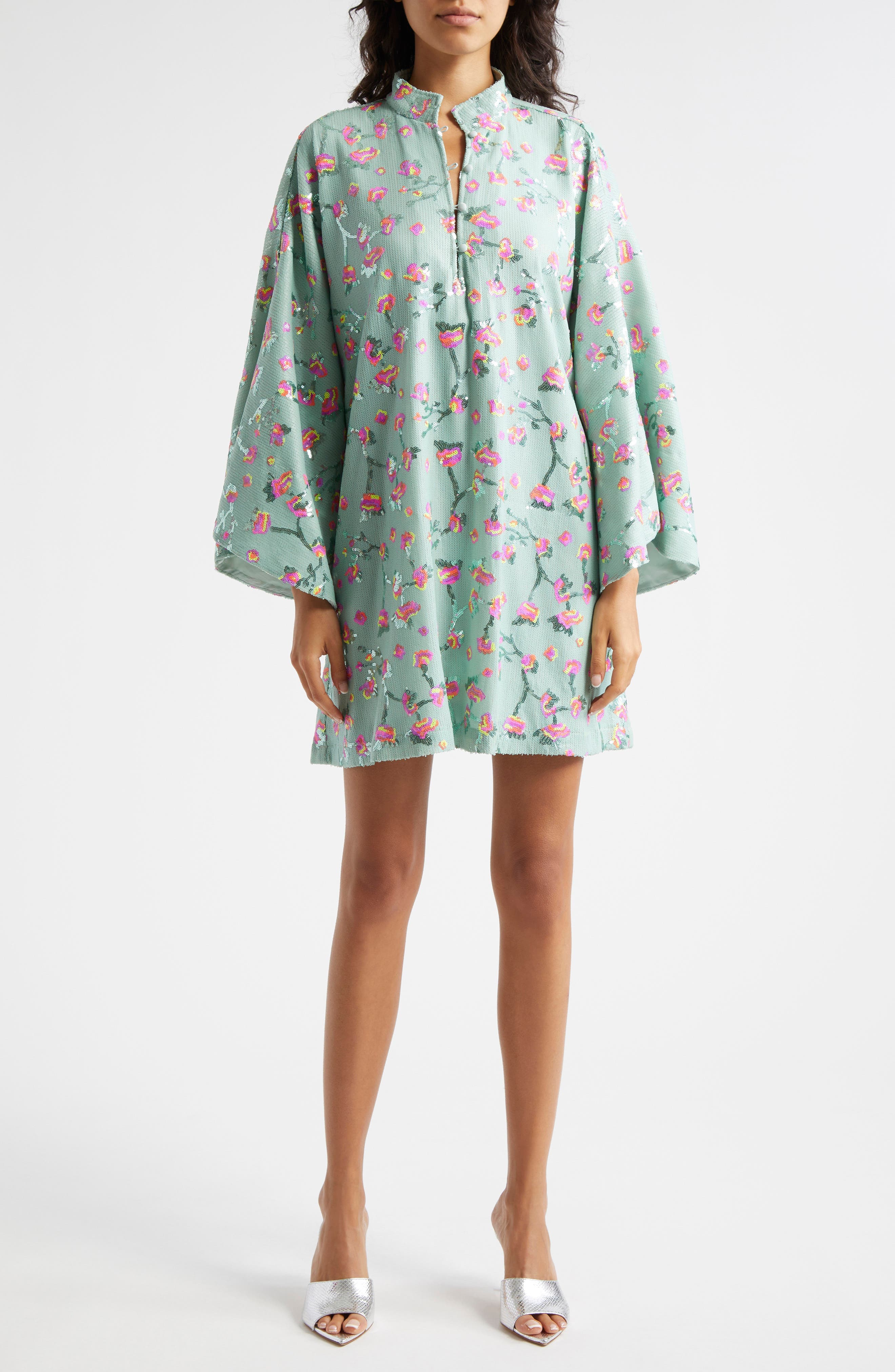 Floral Sequin Bell Sleeve Cover-Up Dress - image 1